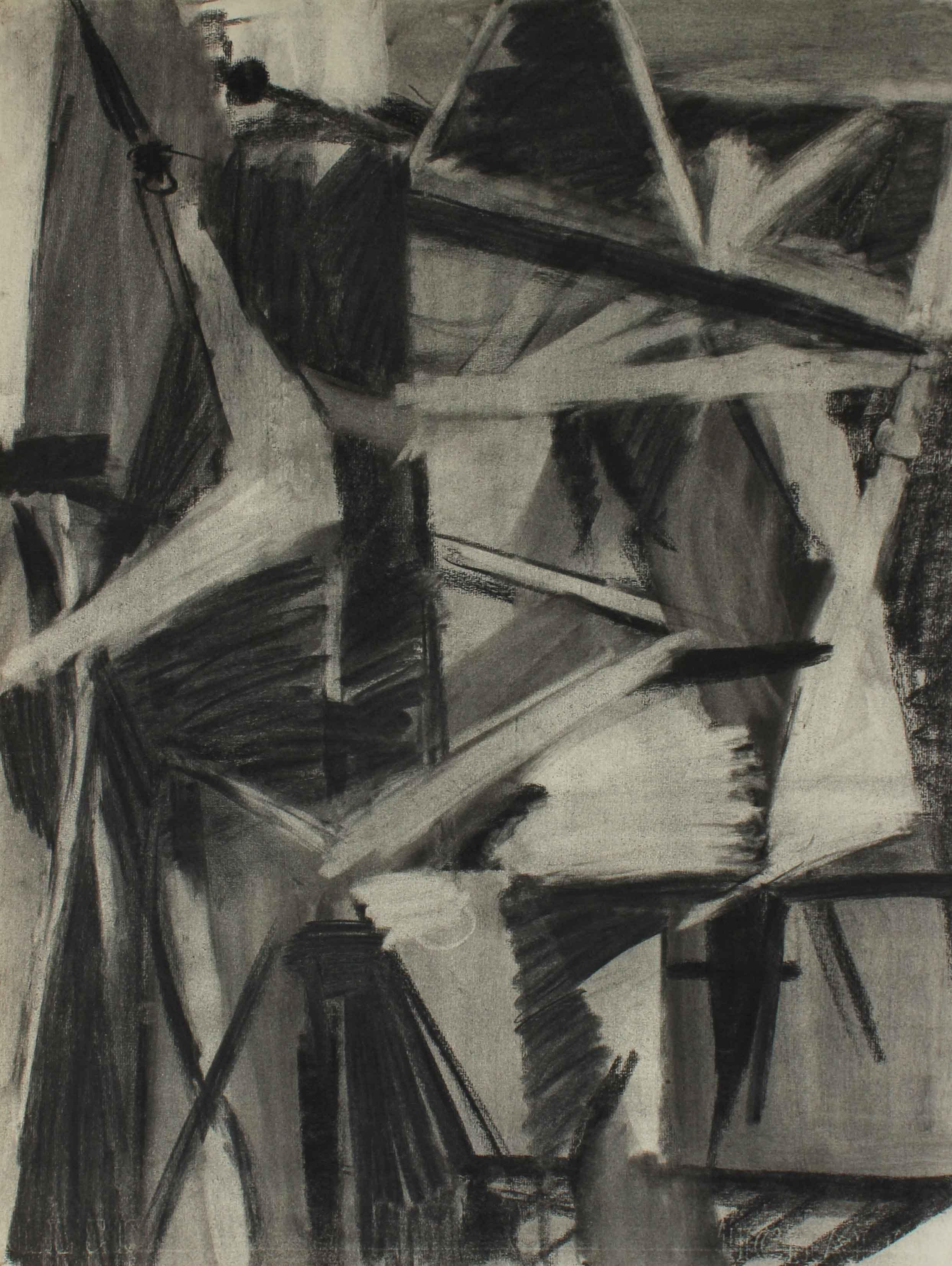 Seymour Tubis Abstract Drawing - Monochromatic Cubist Abstract in Charcoal, 1950