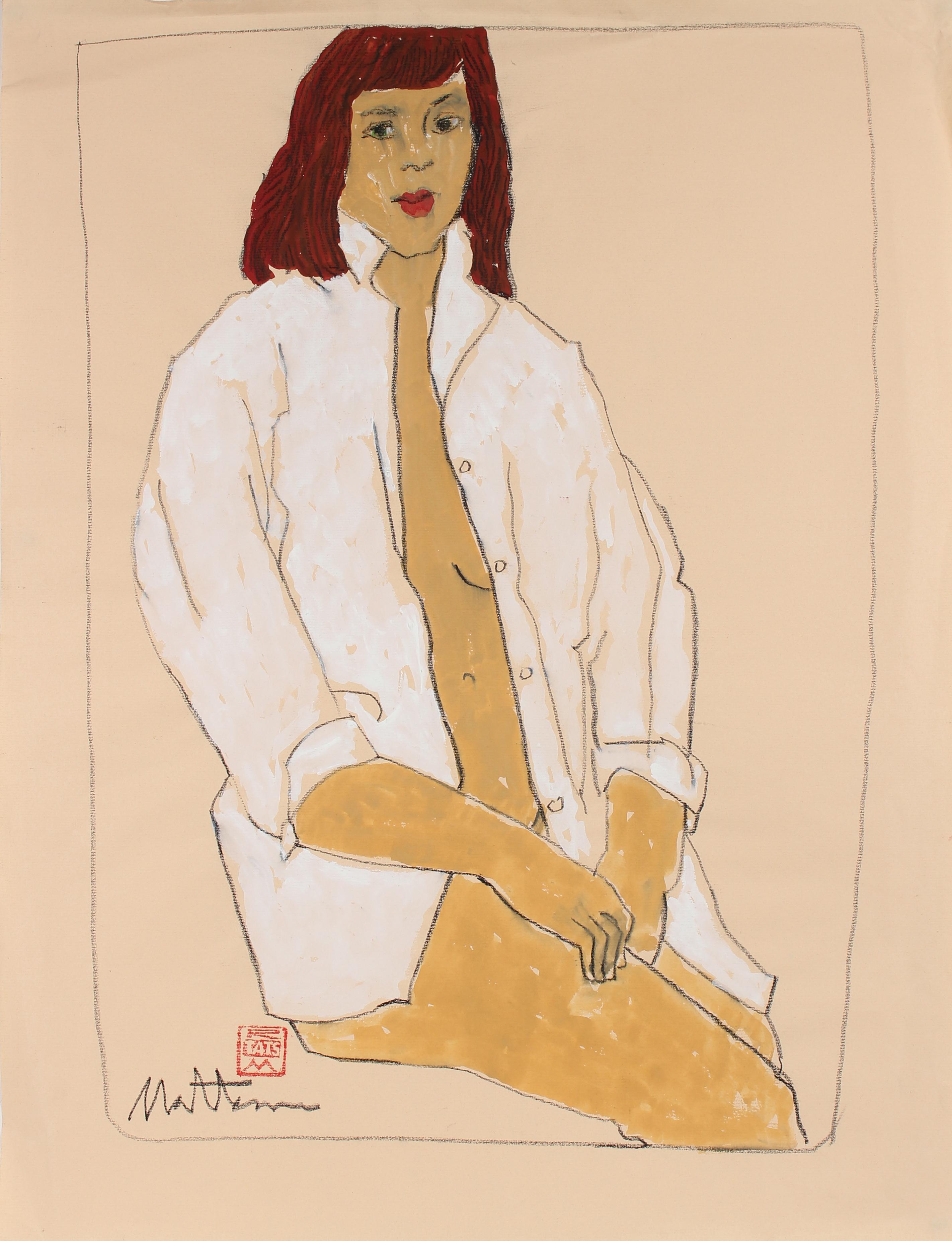 Rip Matteson Nude - Female Figure in a White Shirt, Charcoal & Gouache Painting, Late 20th Century