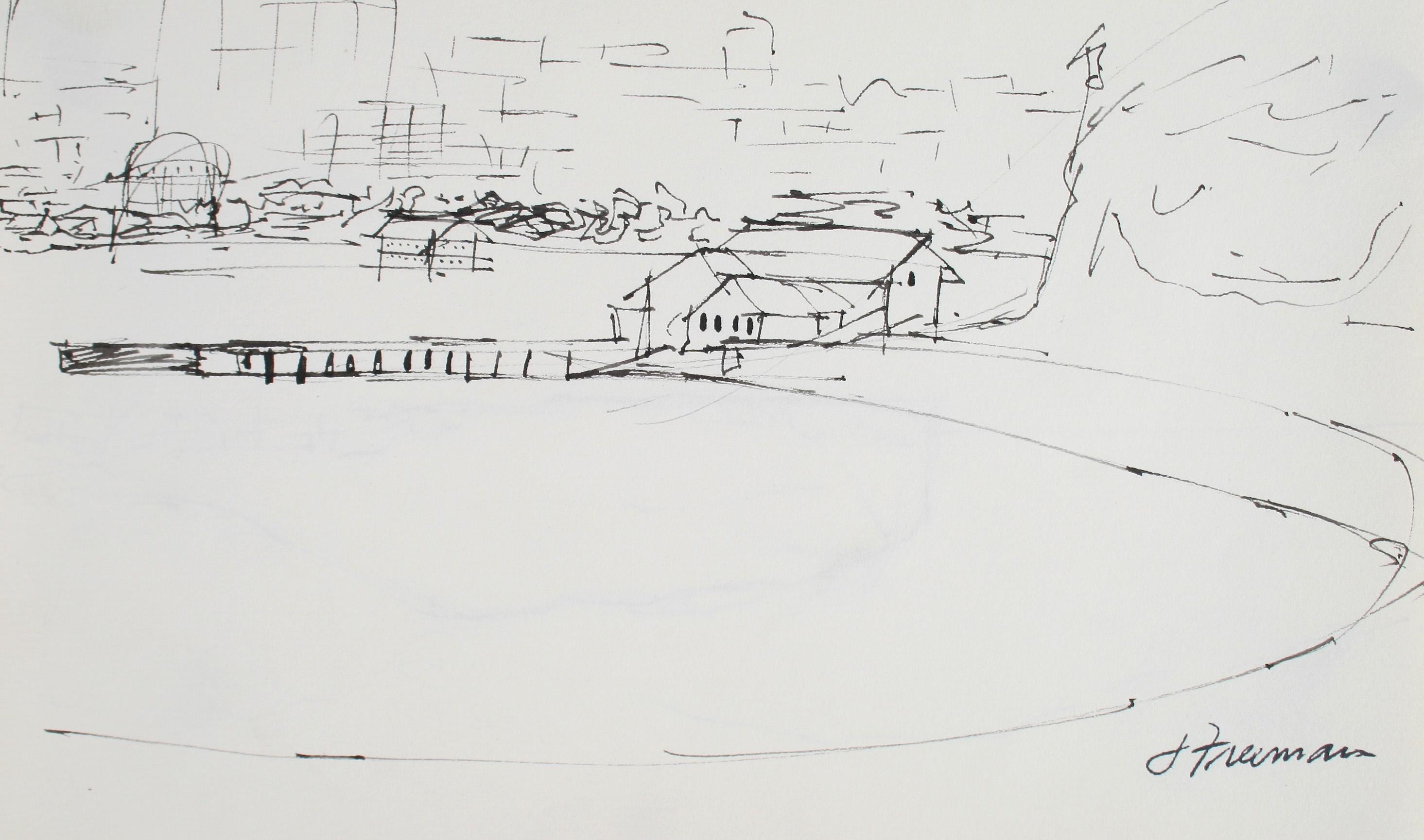 Jack Freeman Landscape Art - Bay Area Coastal Scene in Ink, 1976