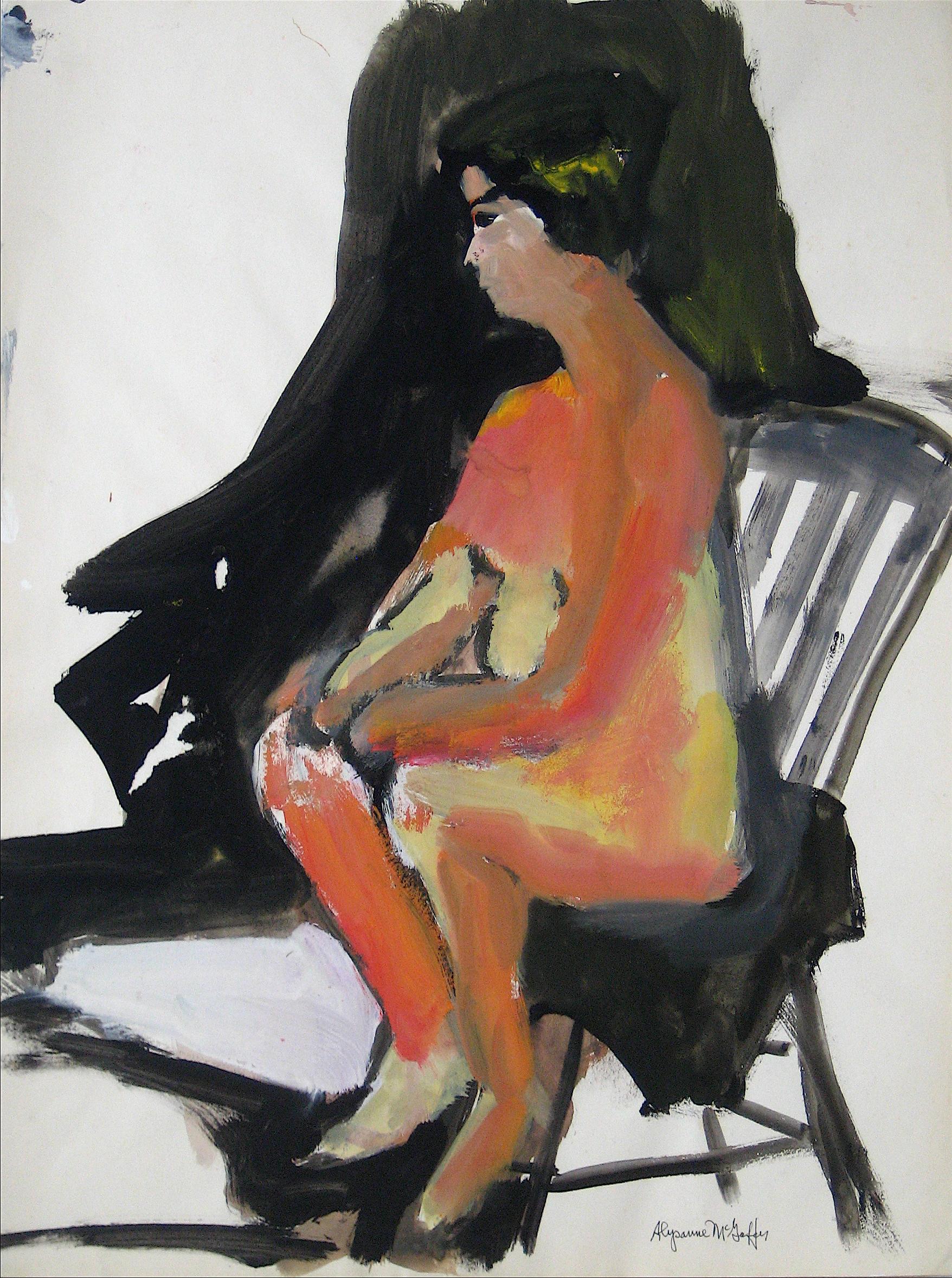 Bay Area Figurative Seated Nude Painting with Black & Peach, Circa 1950s- 1960s