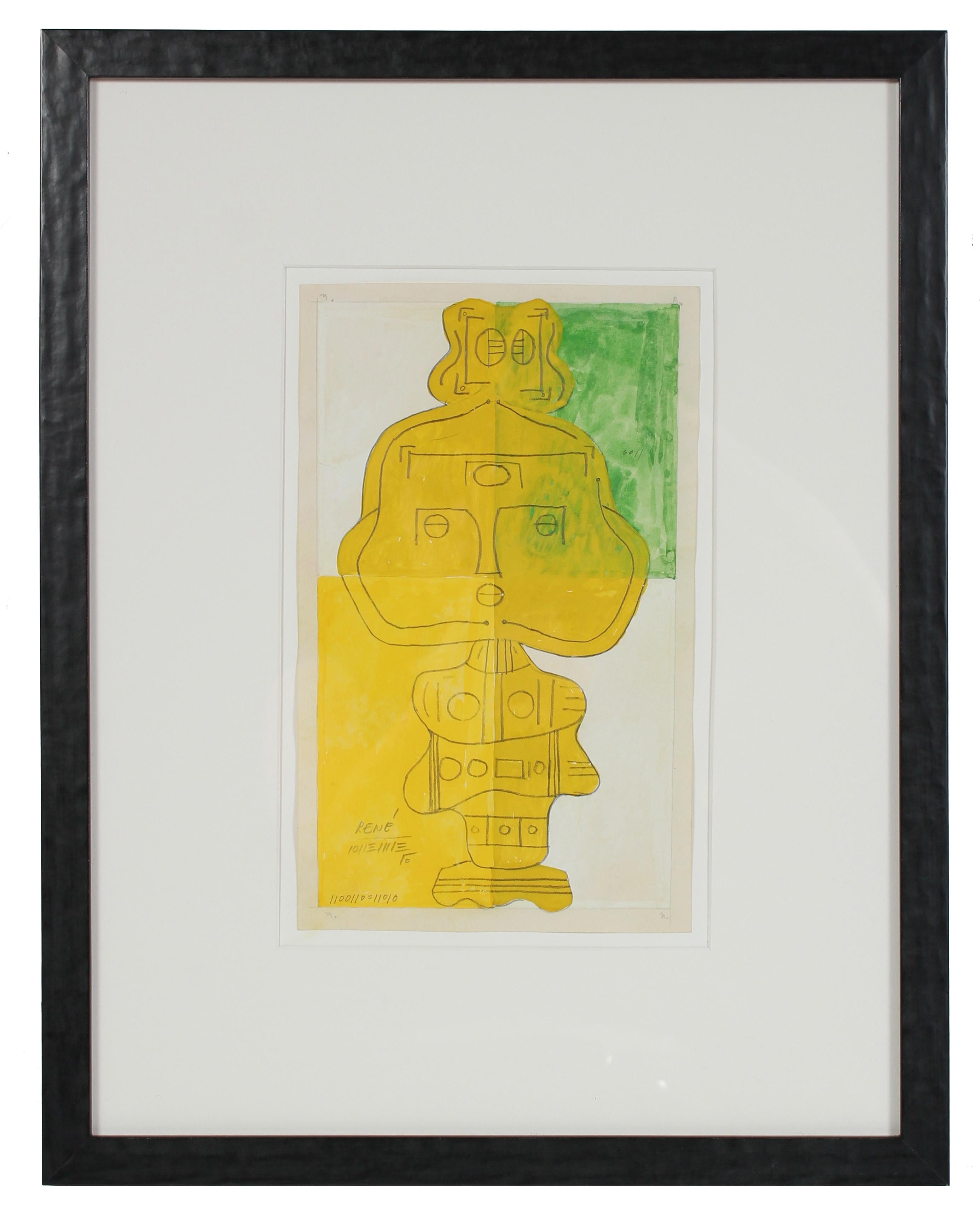 Santos Rene Irizarry Figurative Art - Modernist Figure in Green & Yellow Gouache, Circa 1960s