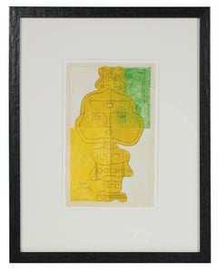 Modernist Figure in Green & Yellow Gouache, Circa 1960s