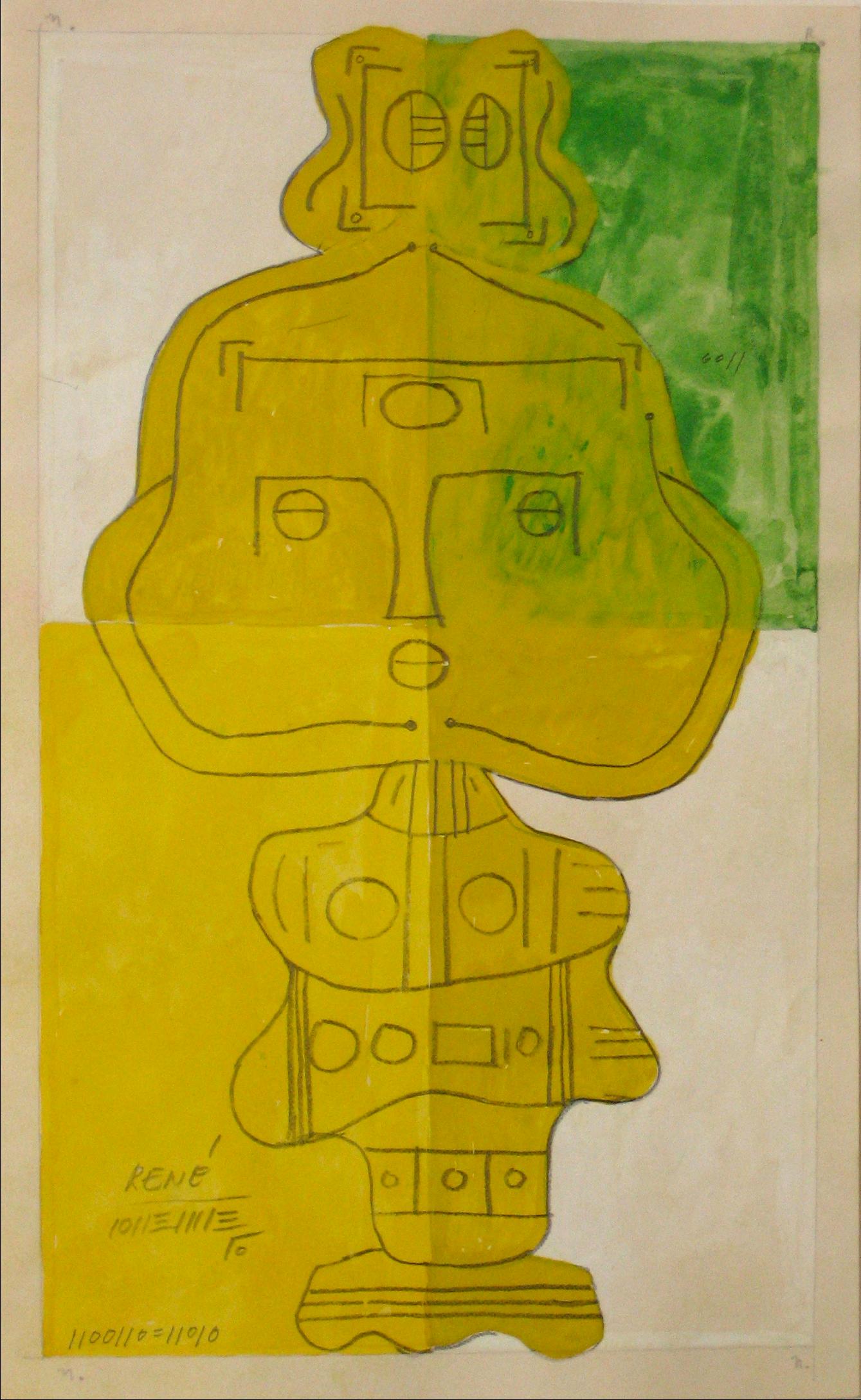 Modernist Figure in Green & Yellow Gouache, Circa 1960s - Gray Figurative Art by Santos Rene Irizarry