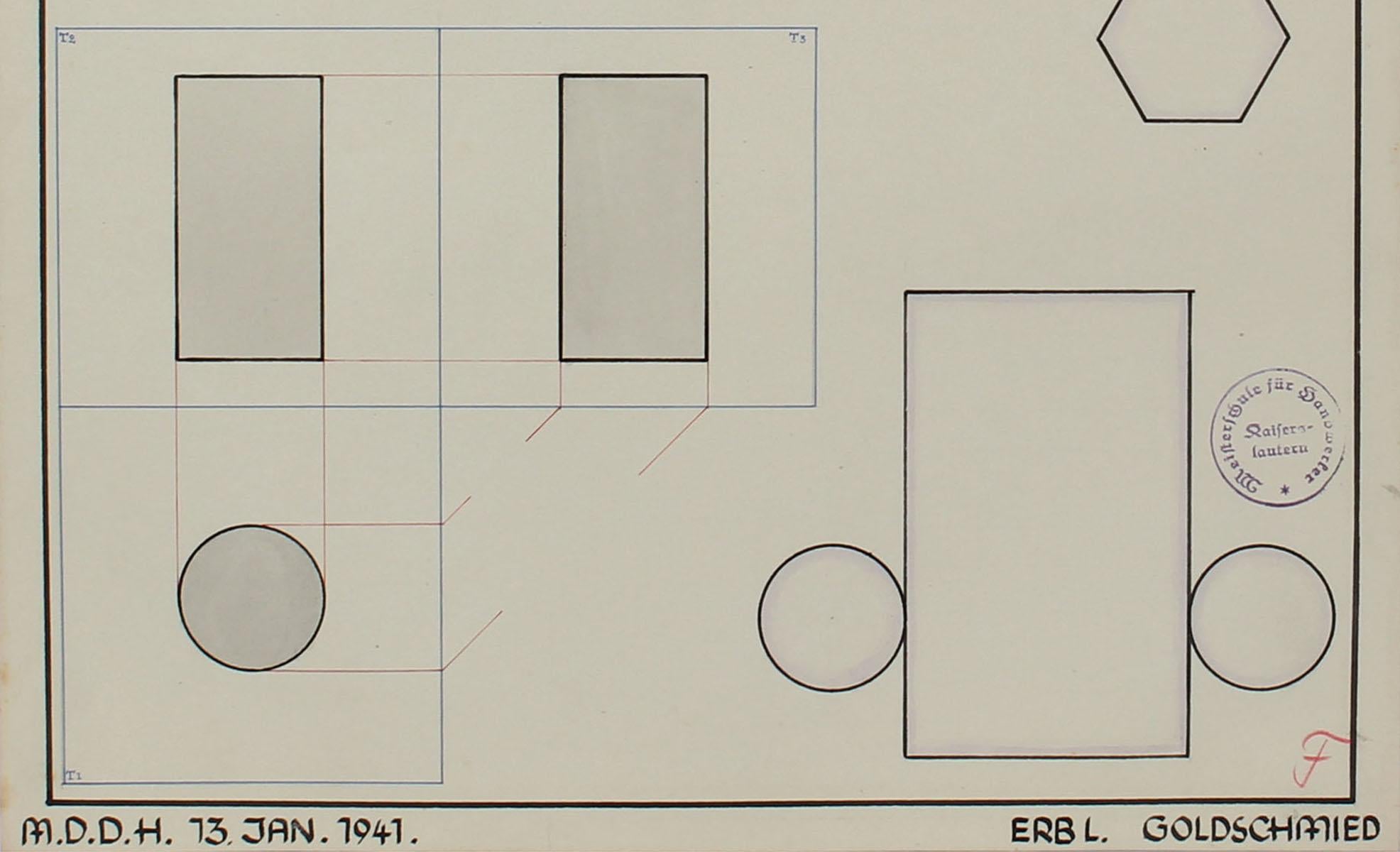 Geometric German Engineering Diagram in Watercolor & Ink, 1941 - Art by Leo Erb