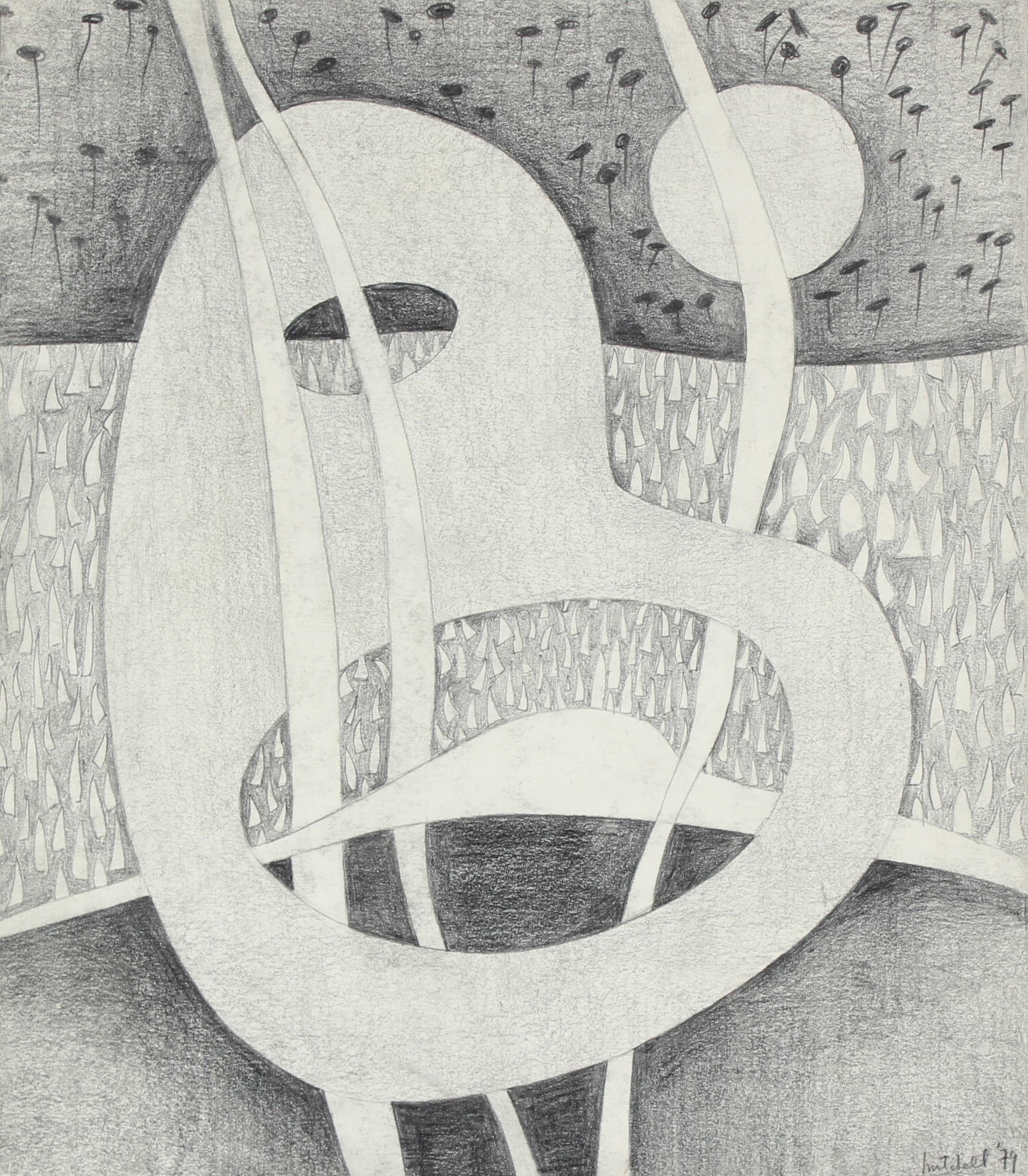 Jane Mitchell Abstract Drawing - Black and White Surrealist Abstract in Graphite, 1979