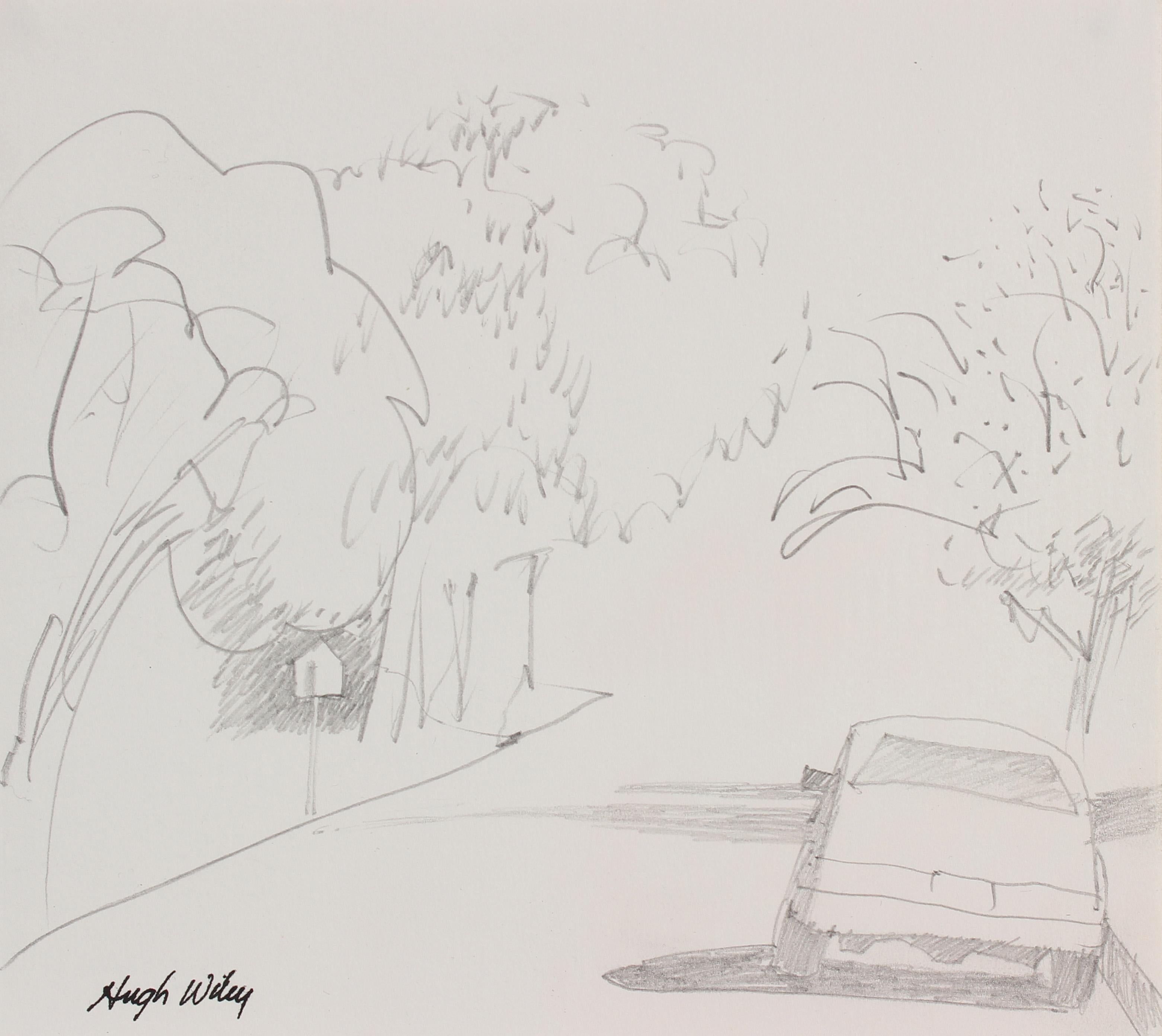 Hugh Wiley Landscape Art - Neighborhood Street Scene, Graphite Drawing, Circa 1960s