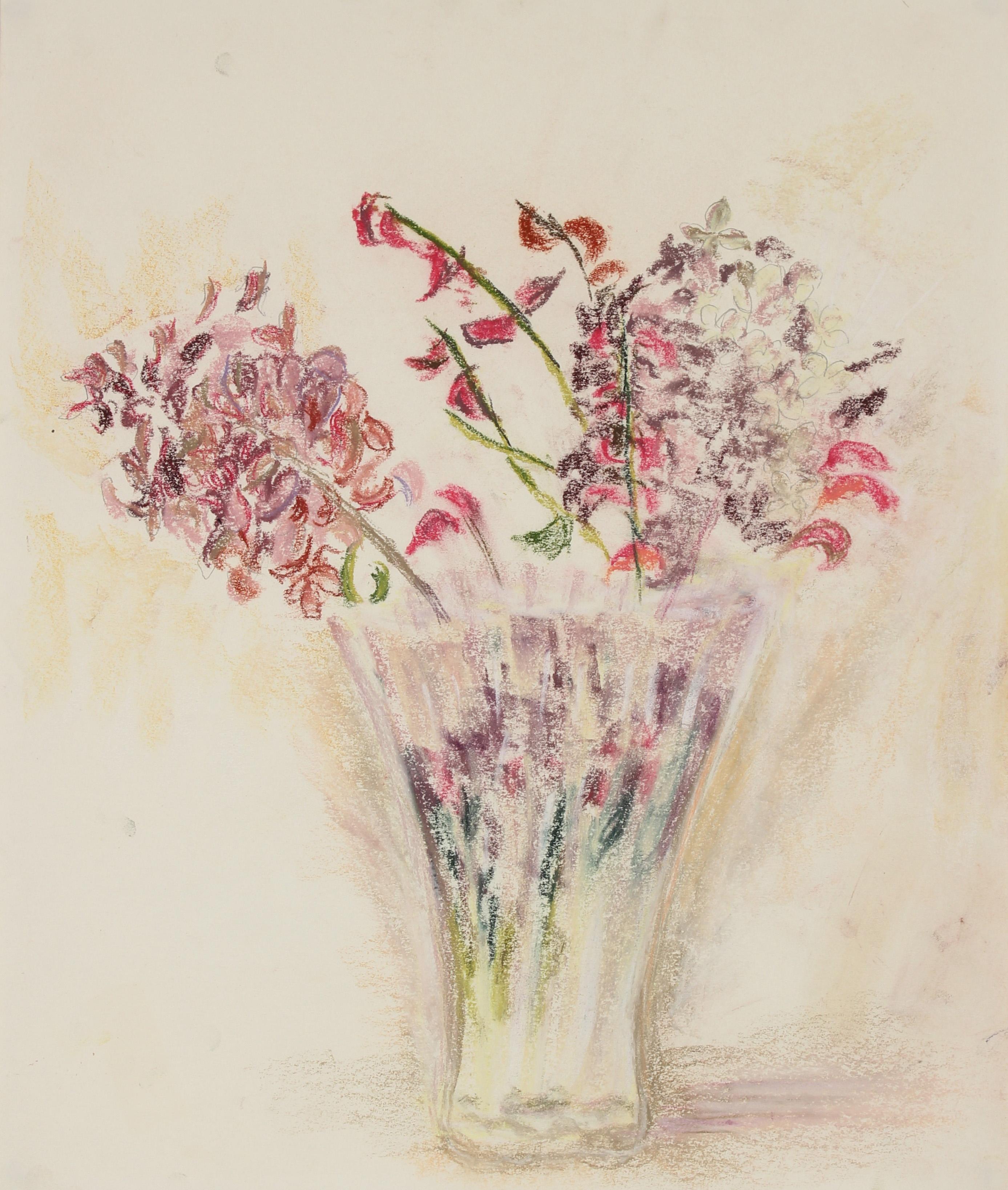 "Flowers in a Clear Vase" Pastel Still Life, 1960s