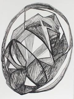 Large Monochromatic Cubist Abstract in Ink, Late 20th Century