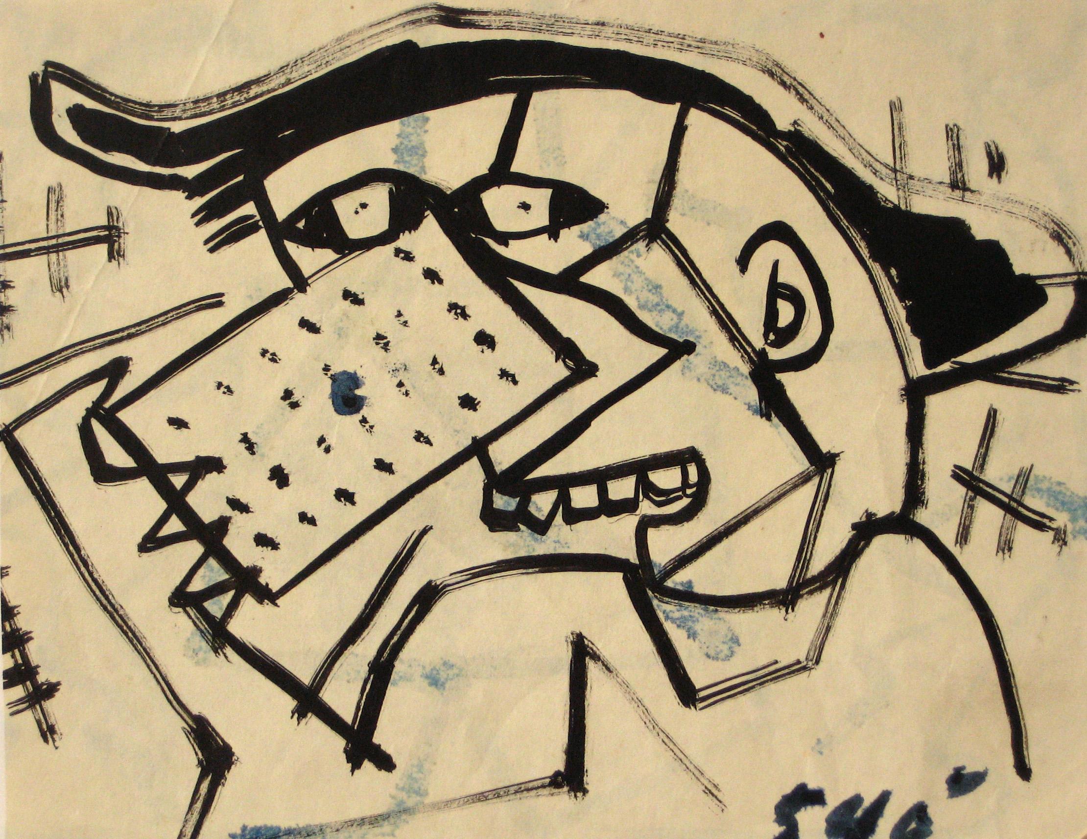 Abstracted Modernist Portrait Drawing in Ink, Circa 1960s