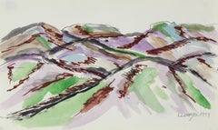 Mountain Landscape in Green & Purple, Watercolor Painting, 1977