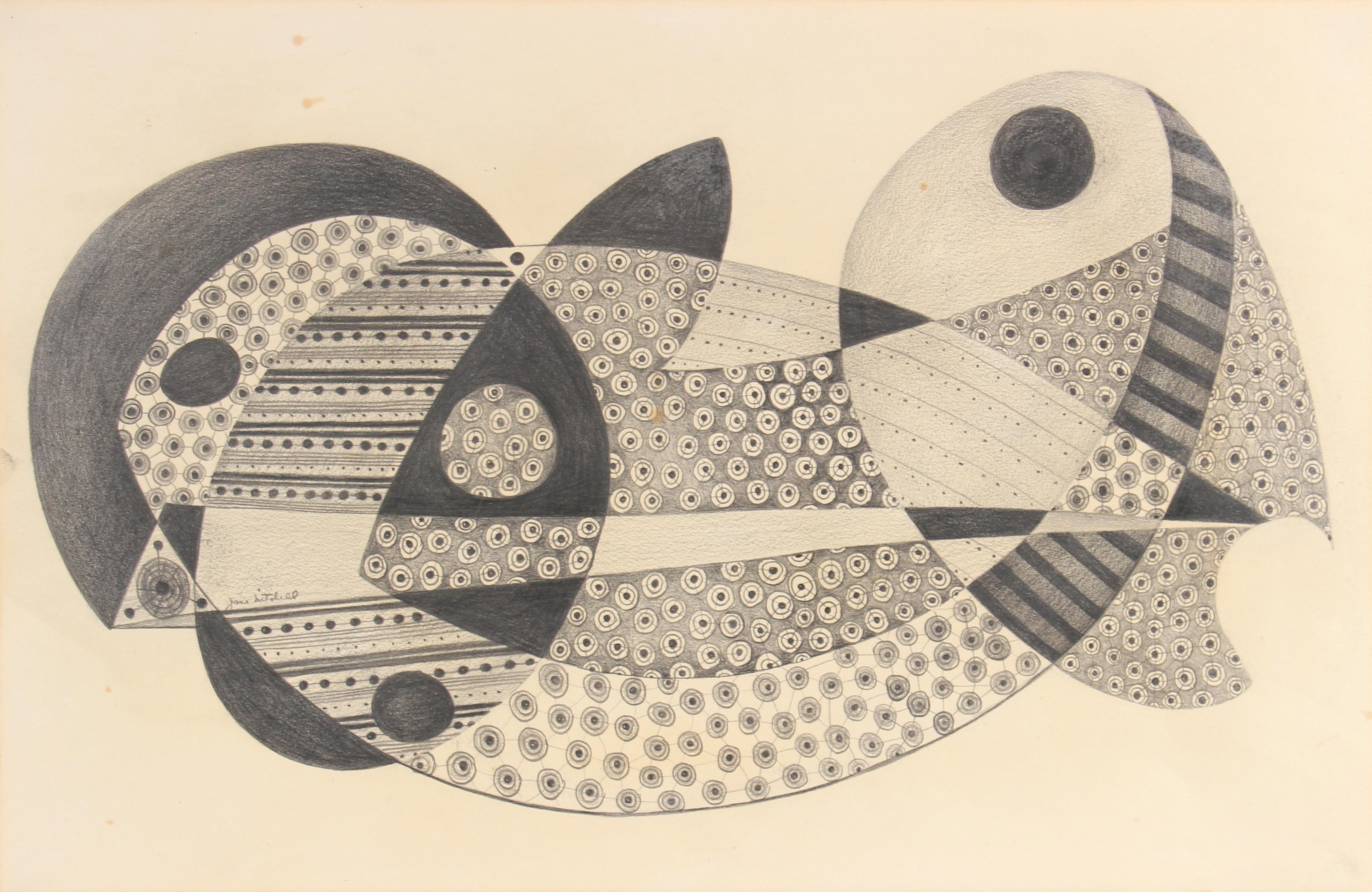 Jane Mitchell Abstract Drawing - Detailed Surrealist Abstract in Graphite, 1970s
