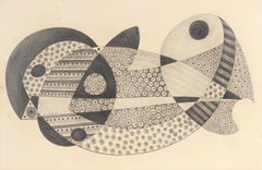 Detailed Surrealist Abstract in Graphite, 1970s