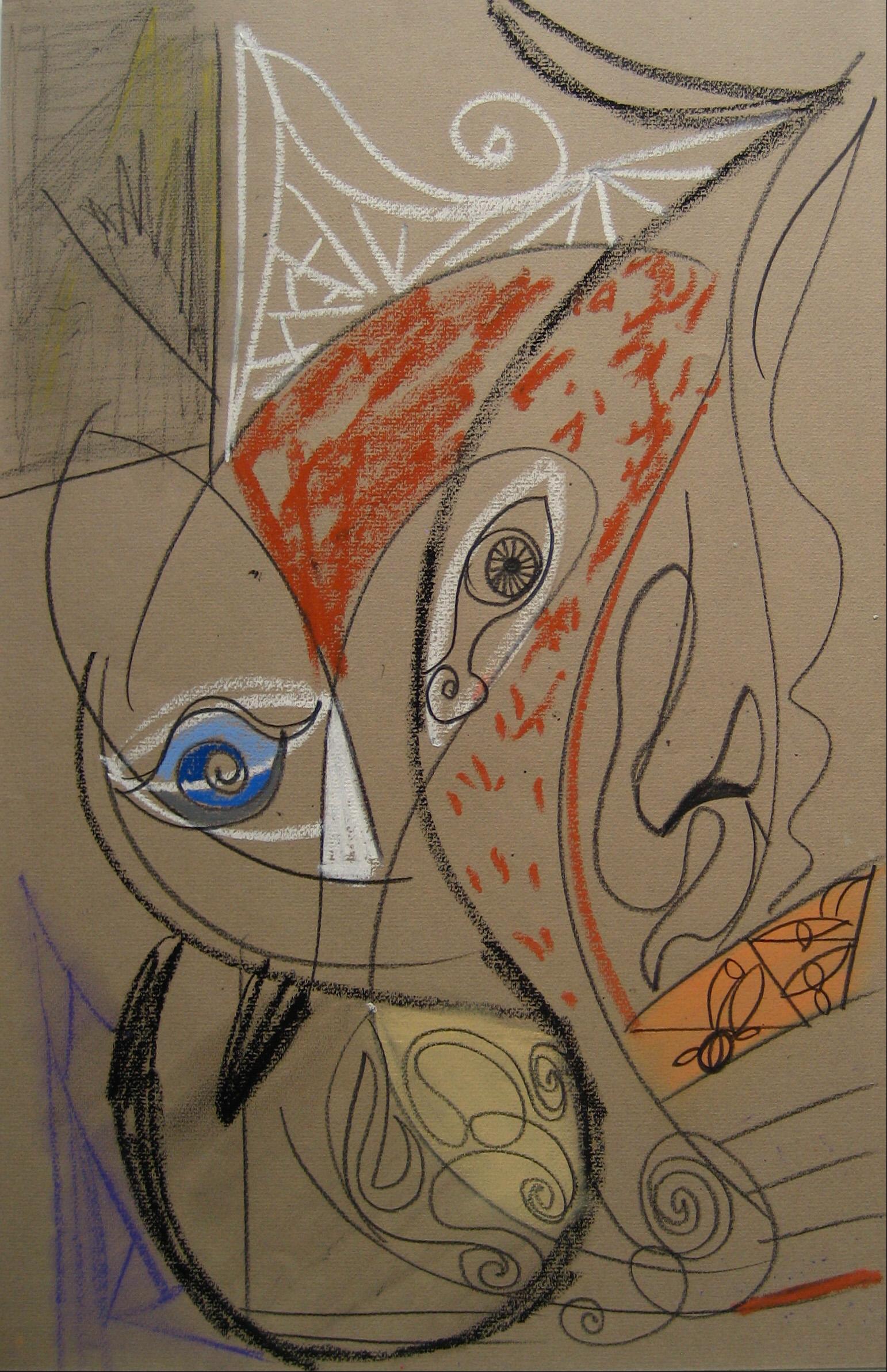 This late 20th century pastel and graphite on paper abstract drawing on brown paper is by Abstract Surrealist San Francisco artist Michael di Cosola (1929-2010). Di Cosola studied at the Chicago Art Institute before moving to the Bay Area to study