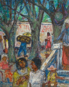 Vintage Mexican Plaza, Oil Pastel Drawing, 1954