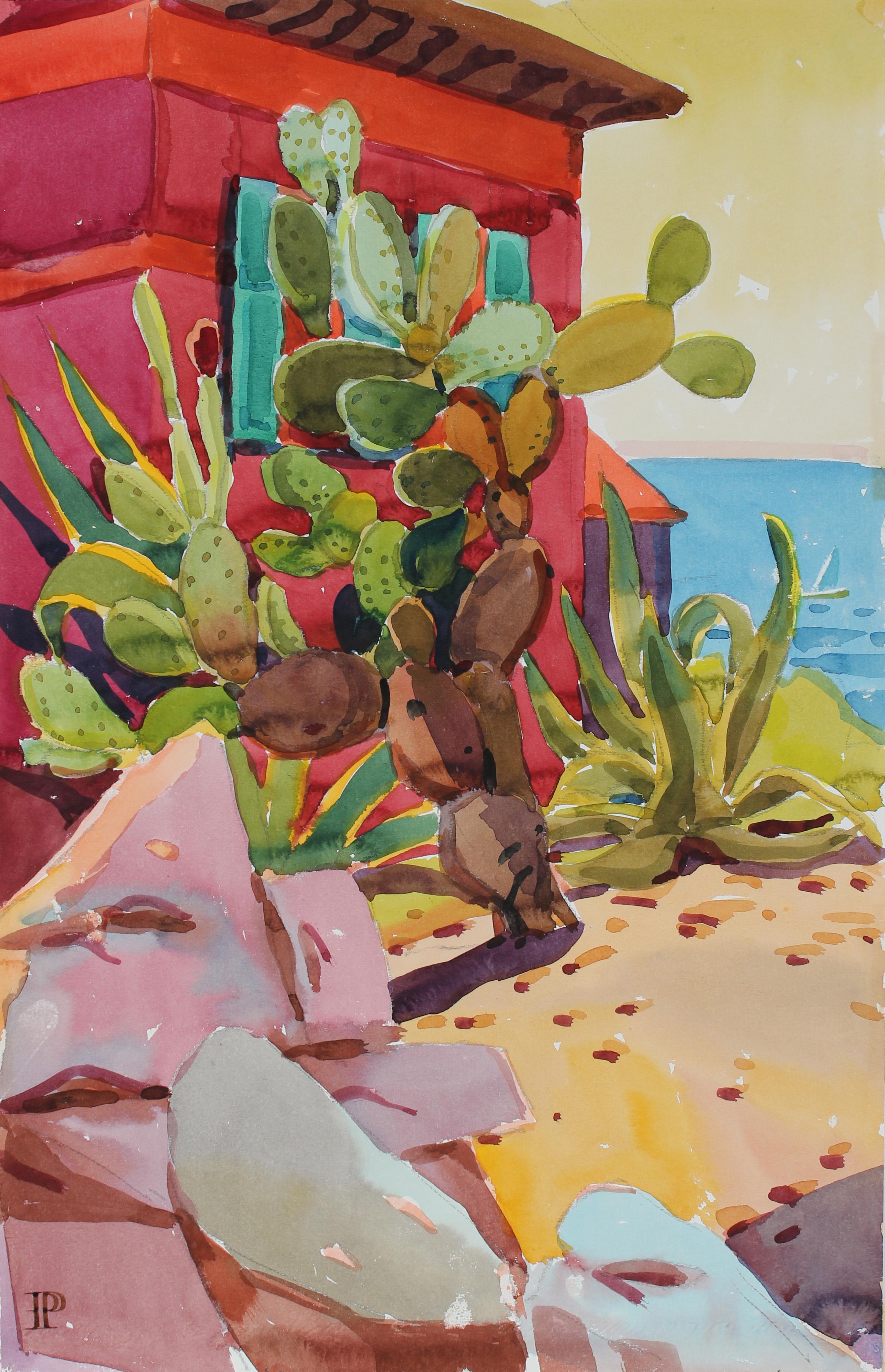 Frederick Pomeroy Landscape Art - "Rocks and Cactus" Watercolor Landscape Painting, 20th Century