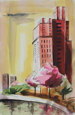 1950s City Scene Watercolor on Paper