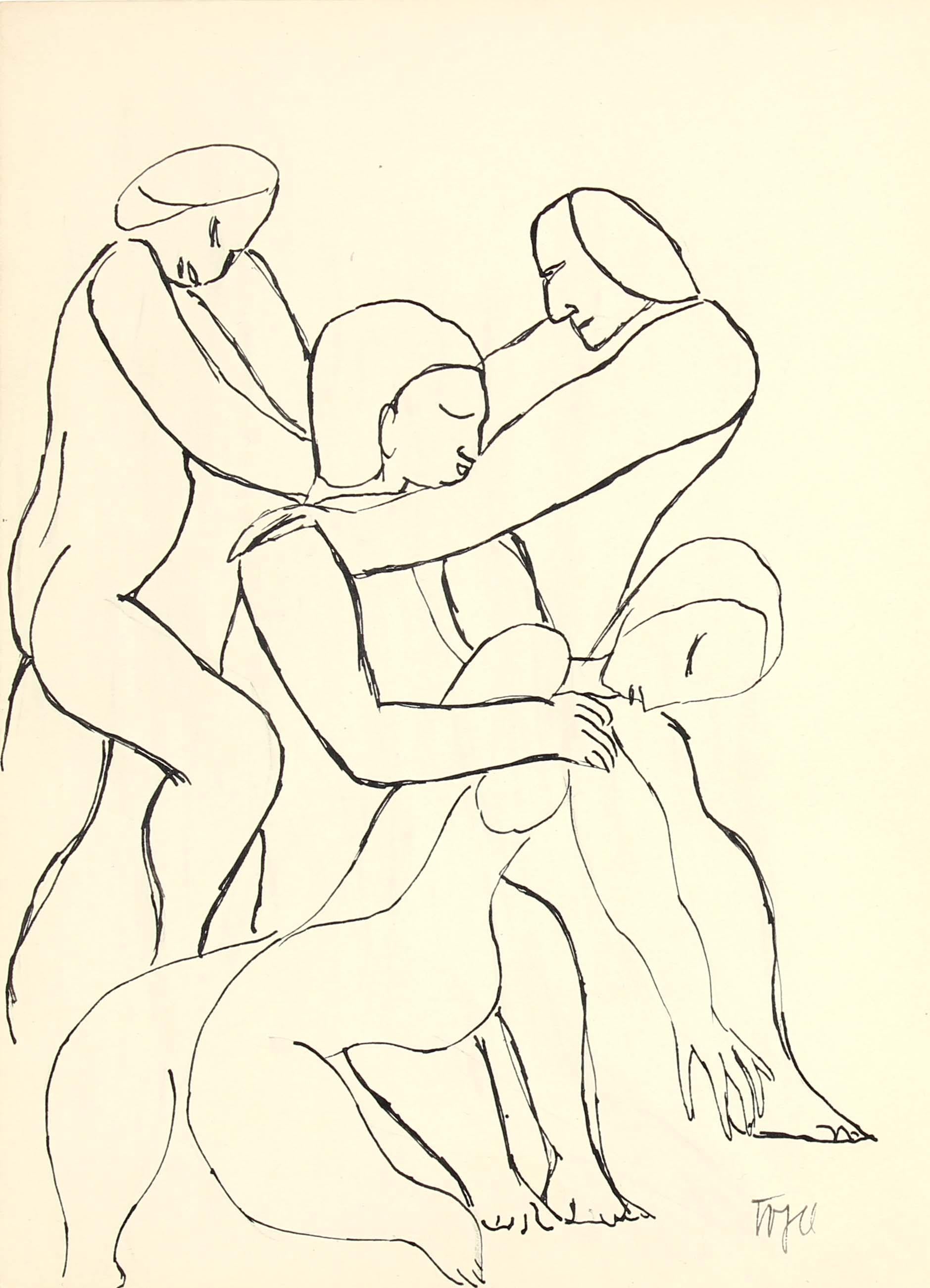 Jennings Tofel Figurative Art - 20th Century Expressionist Figurative Line Drawing in Ink