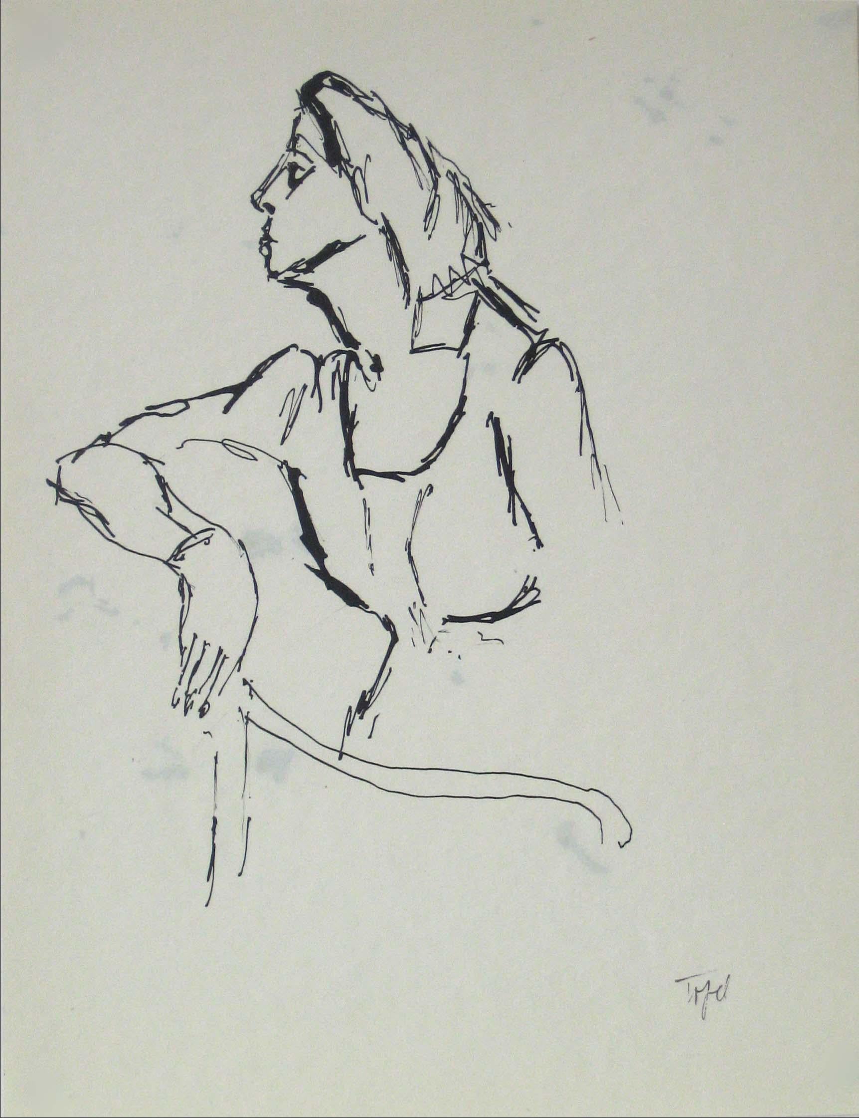 Jennings Tofel Figurative Art - 20th Century Side Profile of Woman in Ink
