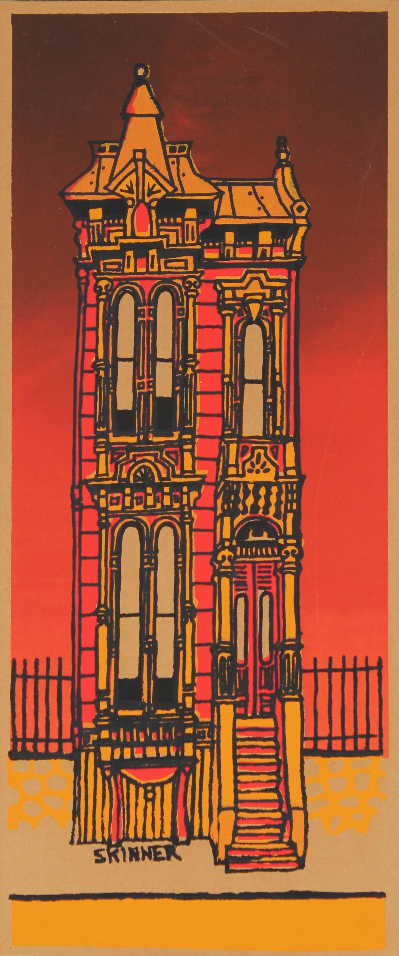 This mid century silkscreen on paper print of a traditional San Francisco Victorian home is by the artist Skinner.  
Signed on bottom.
The piece will be shipped in a mat to fit a standard sized frame.
