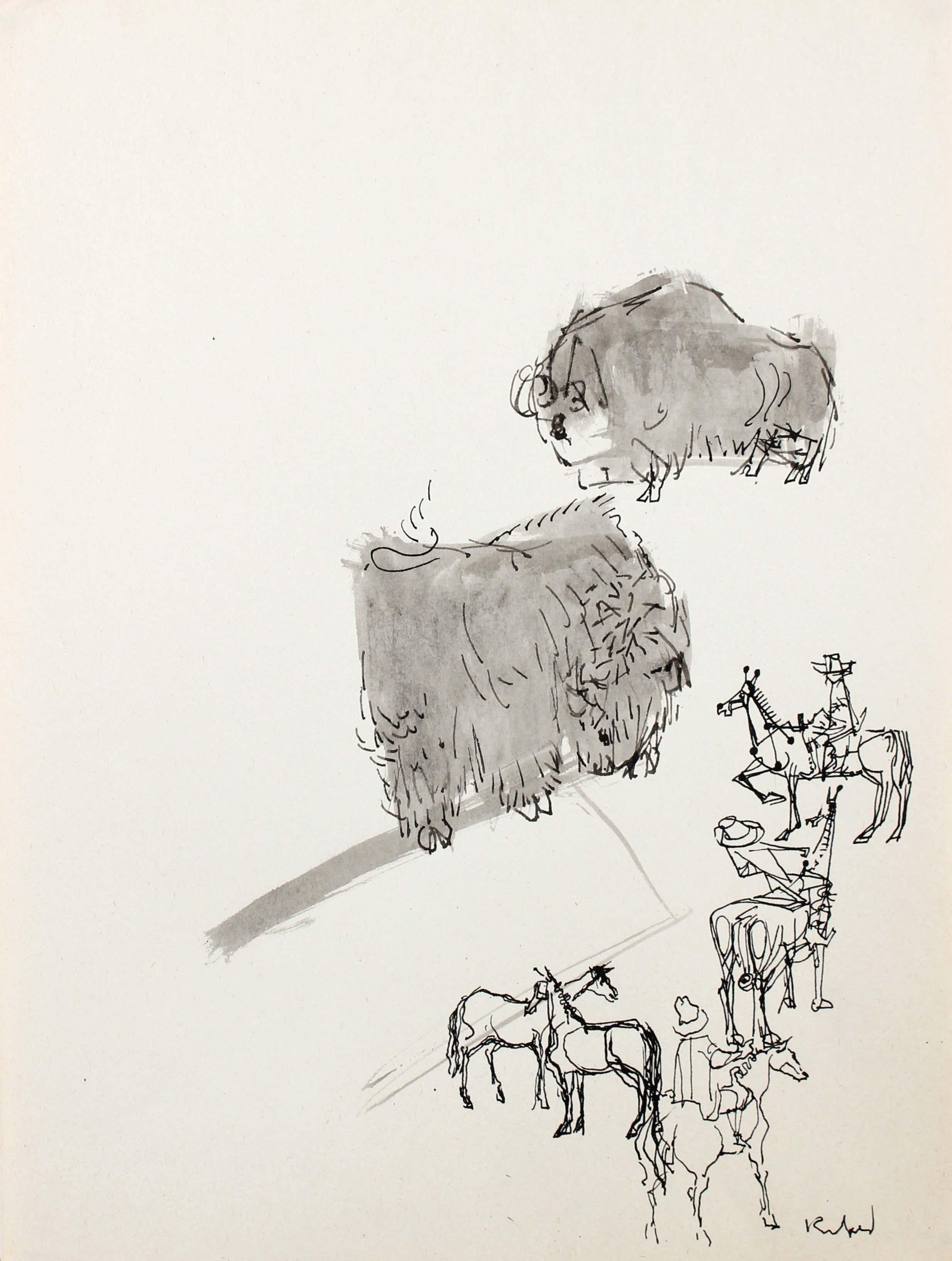 Morris Kronfeld Animal Art - 1980s Modernist Cowboy and Buffalo Illustration in Ink