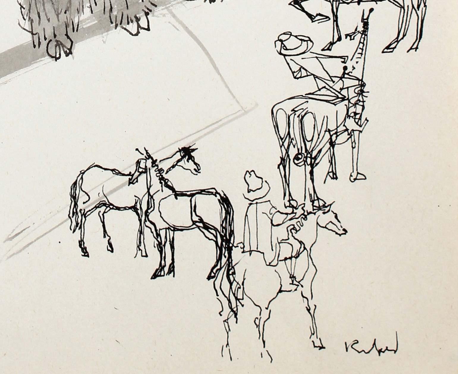 1980s Modernist Cowboy and Buffalo Illustration in Ink - Art by Morris Kronfeld