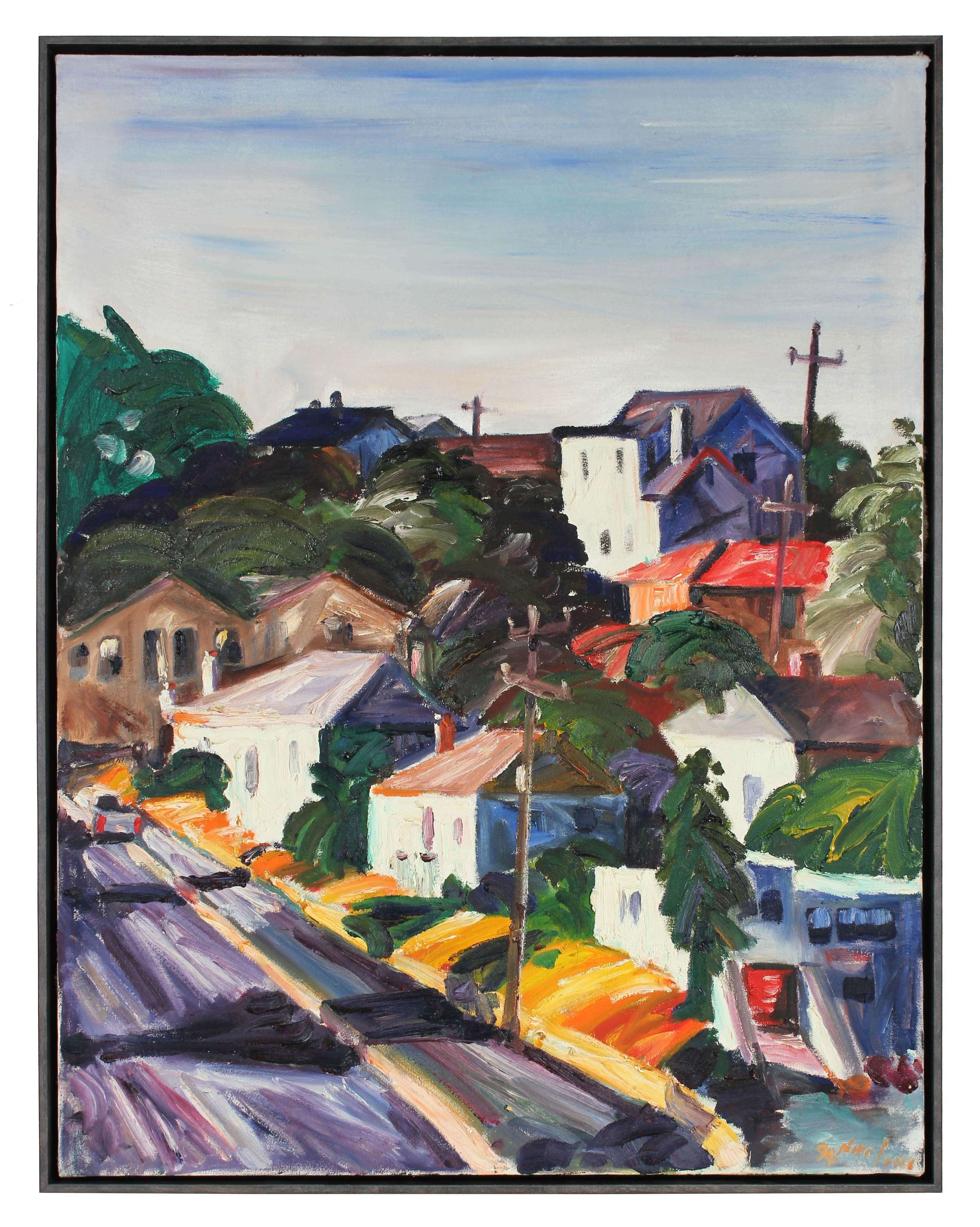 John Nicolini Landscape Art - 1990s Colorful Bay Area Scene Oil on Canvas  