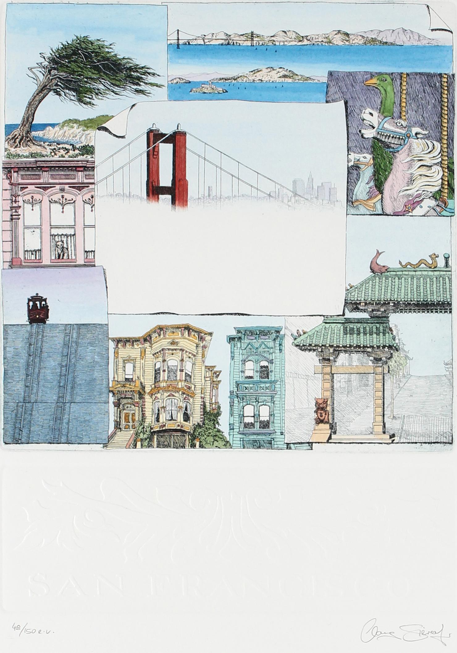 Clare Sievey Landscape Print - 20th Century Etching of Mini San Francisco Scenes