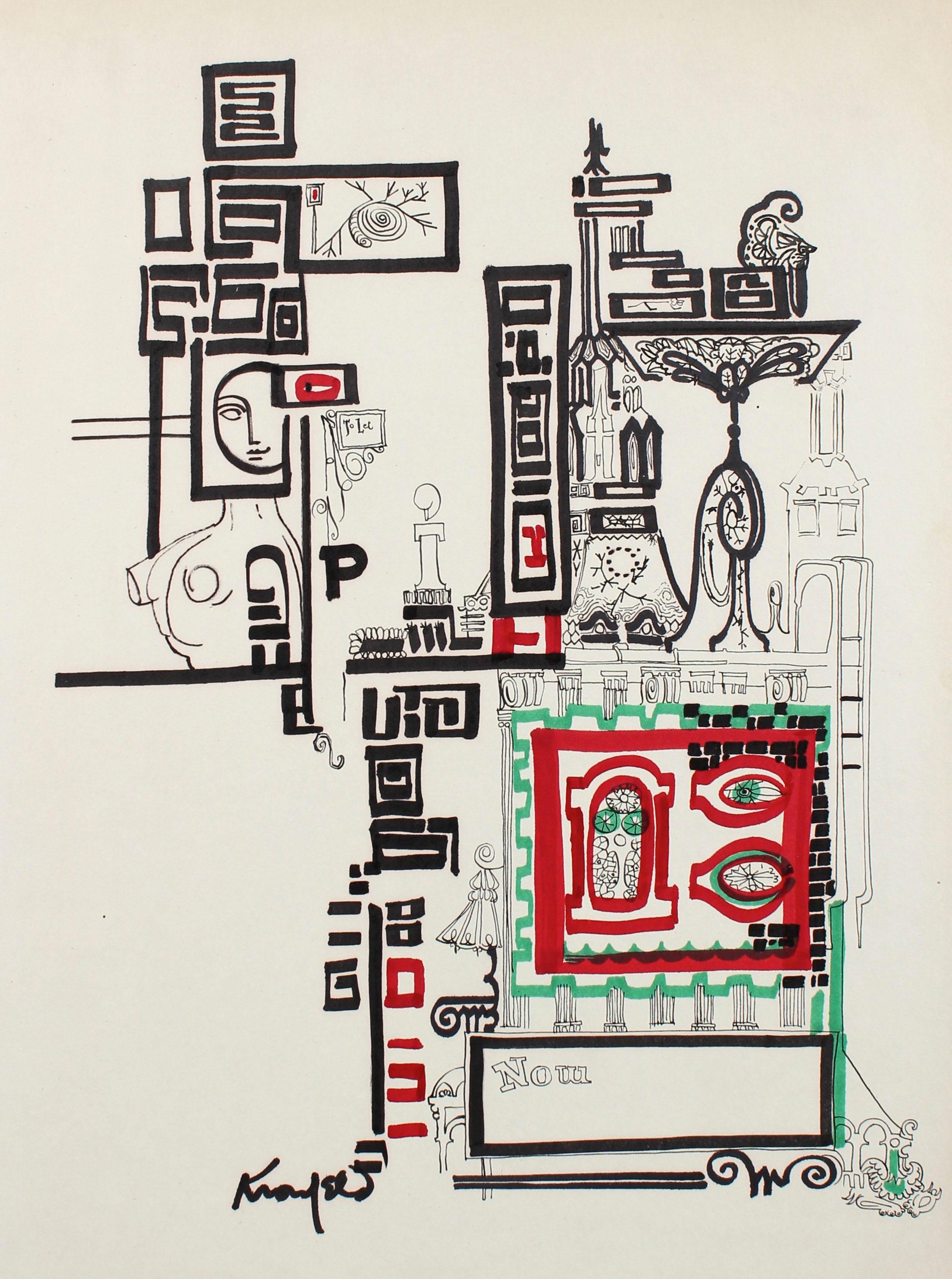 Morris Kronfeld Landscape Art - 1960s Illustrative Building in a Calligraphic Style, Ink on Paper Board 