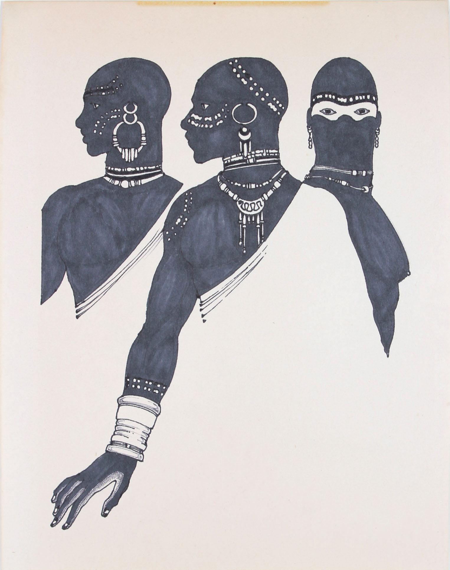 Unknown Portrait - 1970s Drawing of Three Figures in Ink