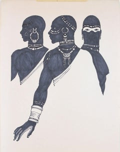 1970s Drawing of Three Figures in Ink