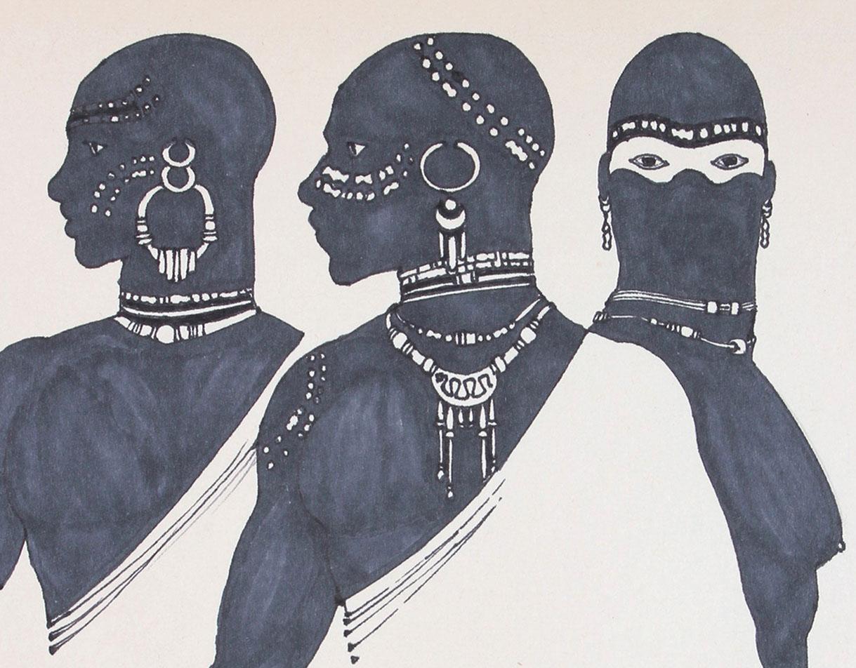 1970s Drawing of Three Figures in Ink - Art by Unknown