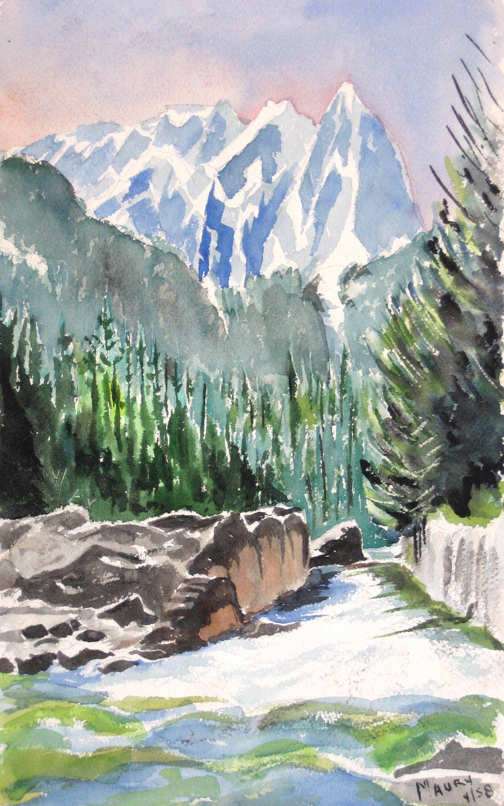 Mary Pomeroy Landscape Art - 1960s Mountain Landscape in Watercolor