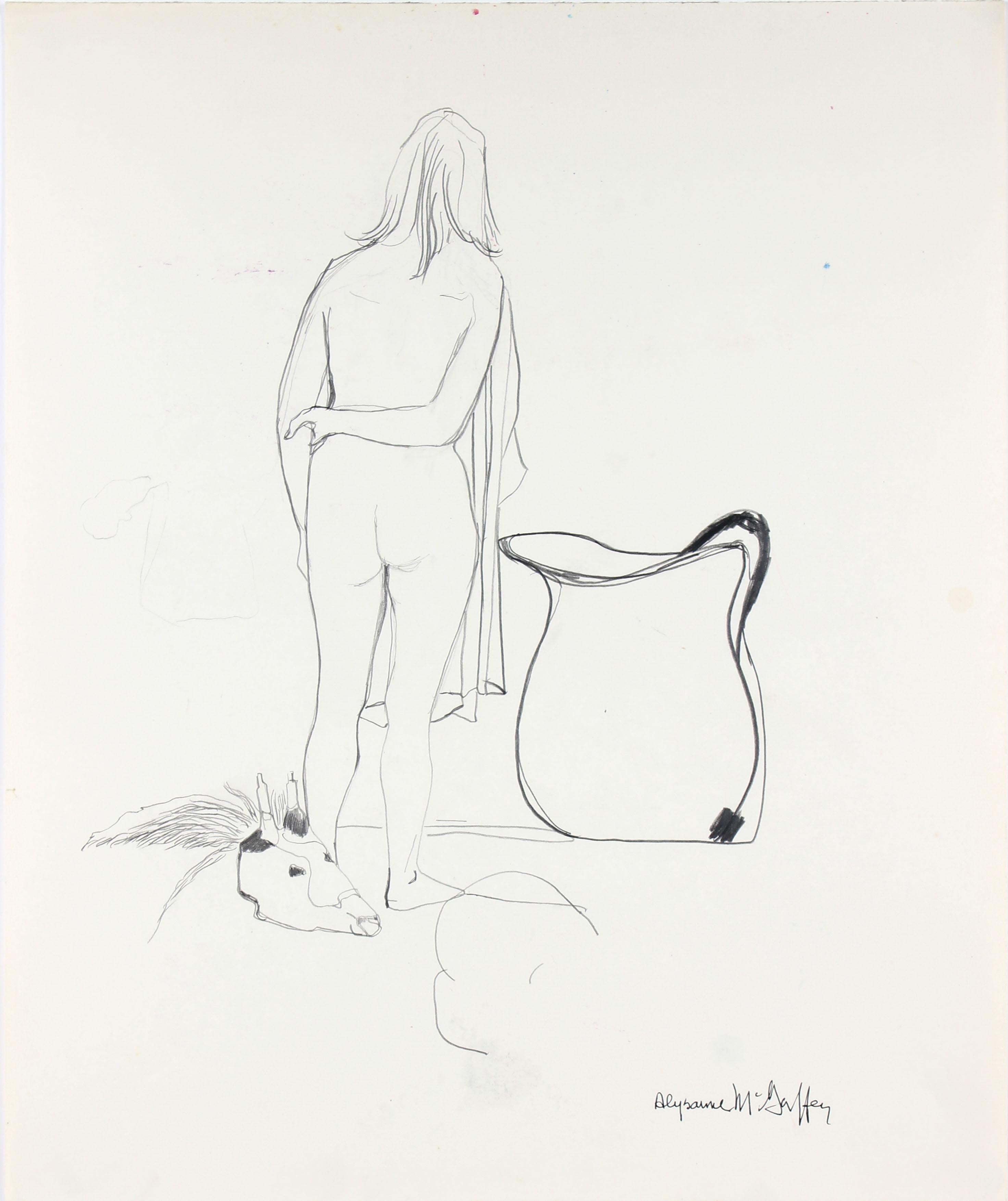 1960's Figure with Vase and Animal Skull in Graphite - American Modern Art by Alysanne McGaffey