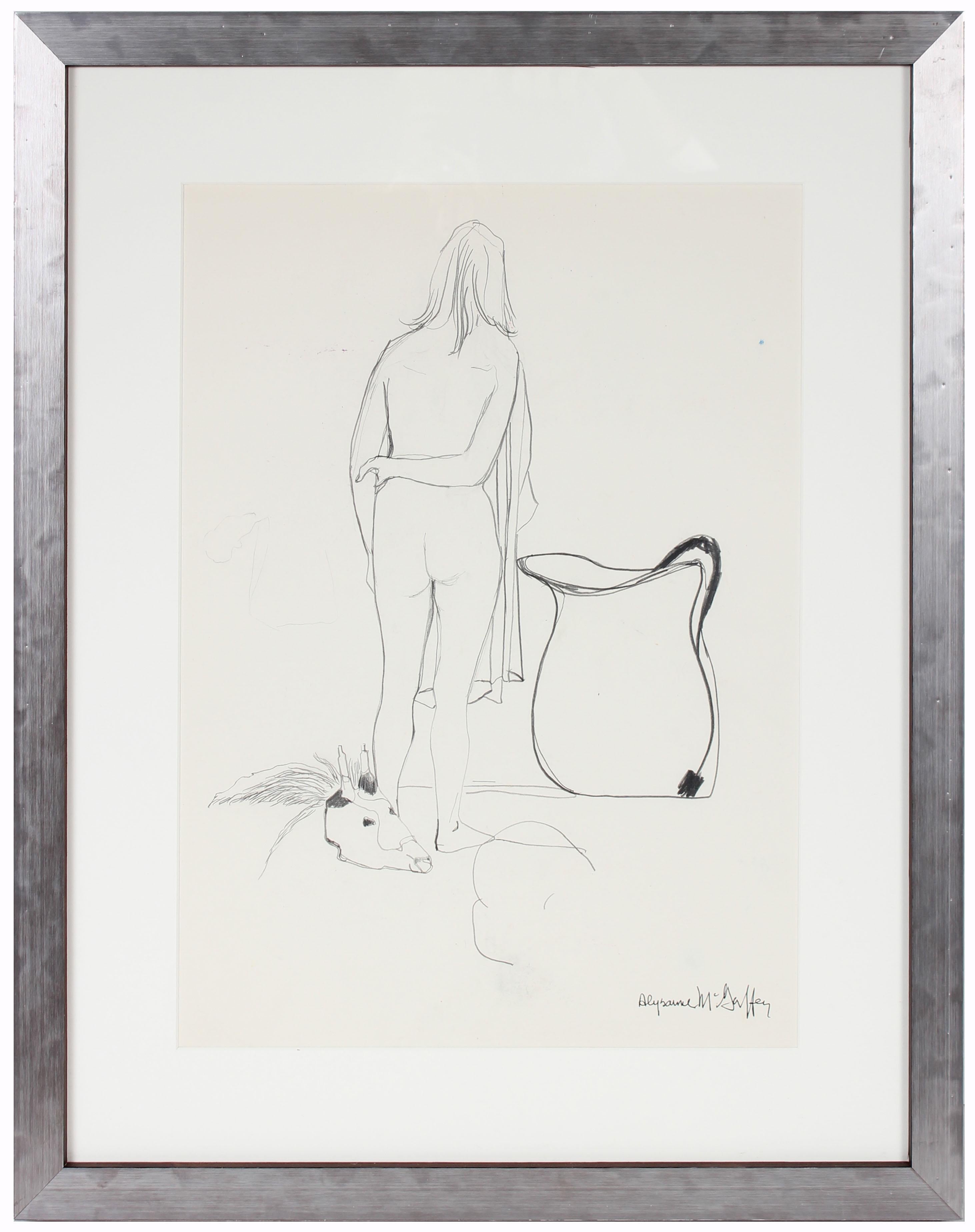 Alysanne McGaffey Figurative Art - 1960's Figure with Vase and Animal Skull in Graphite