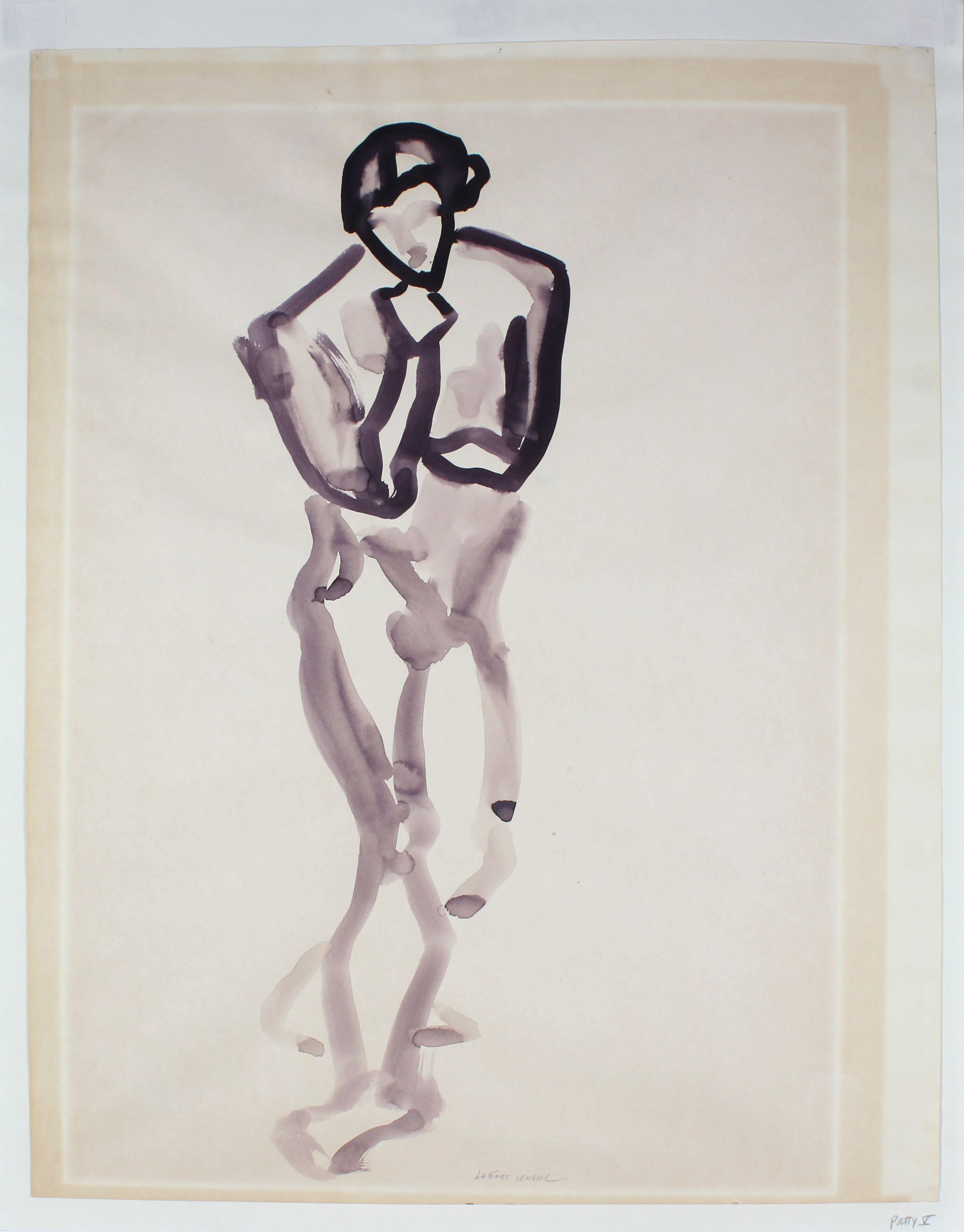 Laura Lengyel Abstract Drawing - 1980's "Dancing Woman" Figure in Lilac Ink Wash 