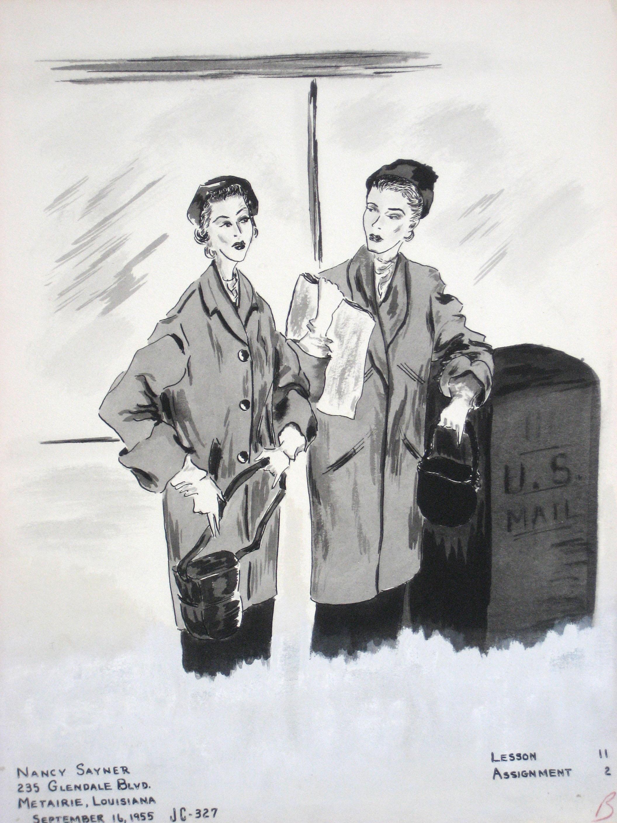 Unknown Figurative Art - 1950s Ink Drawing of Two Figures by Mail Box