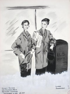 1950s Ink Drawing of Two Figures by Mail Box