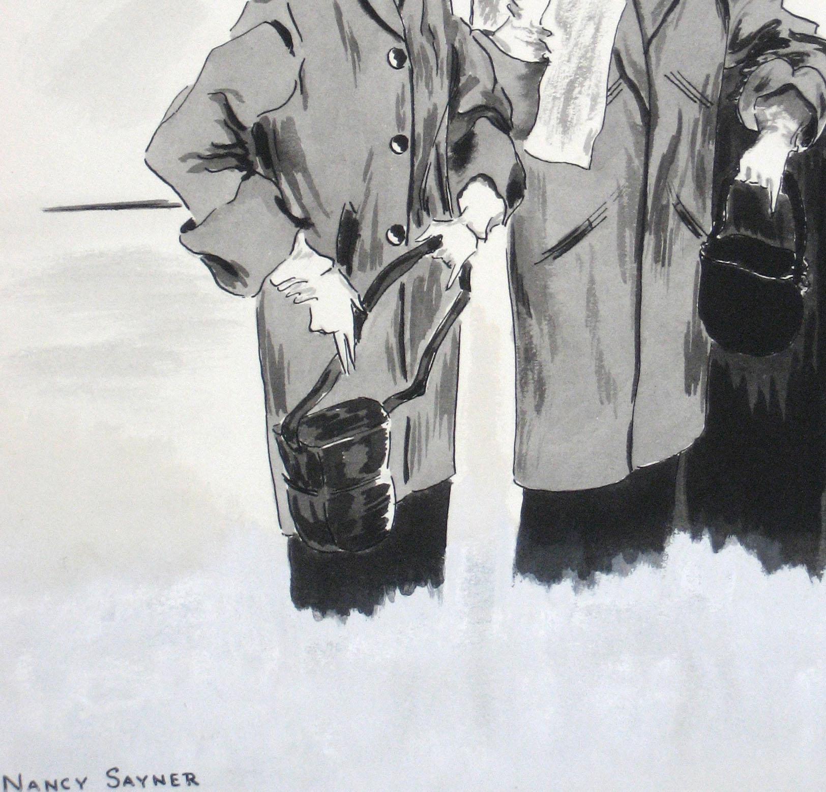 1950s Ink Drawing of Two Figures by Mail Box - Art by Unknown