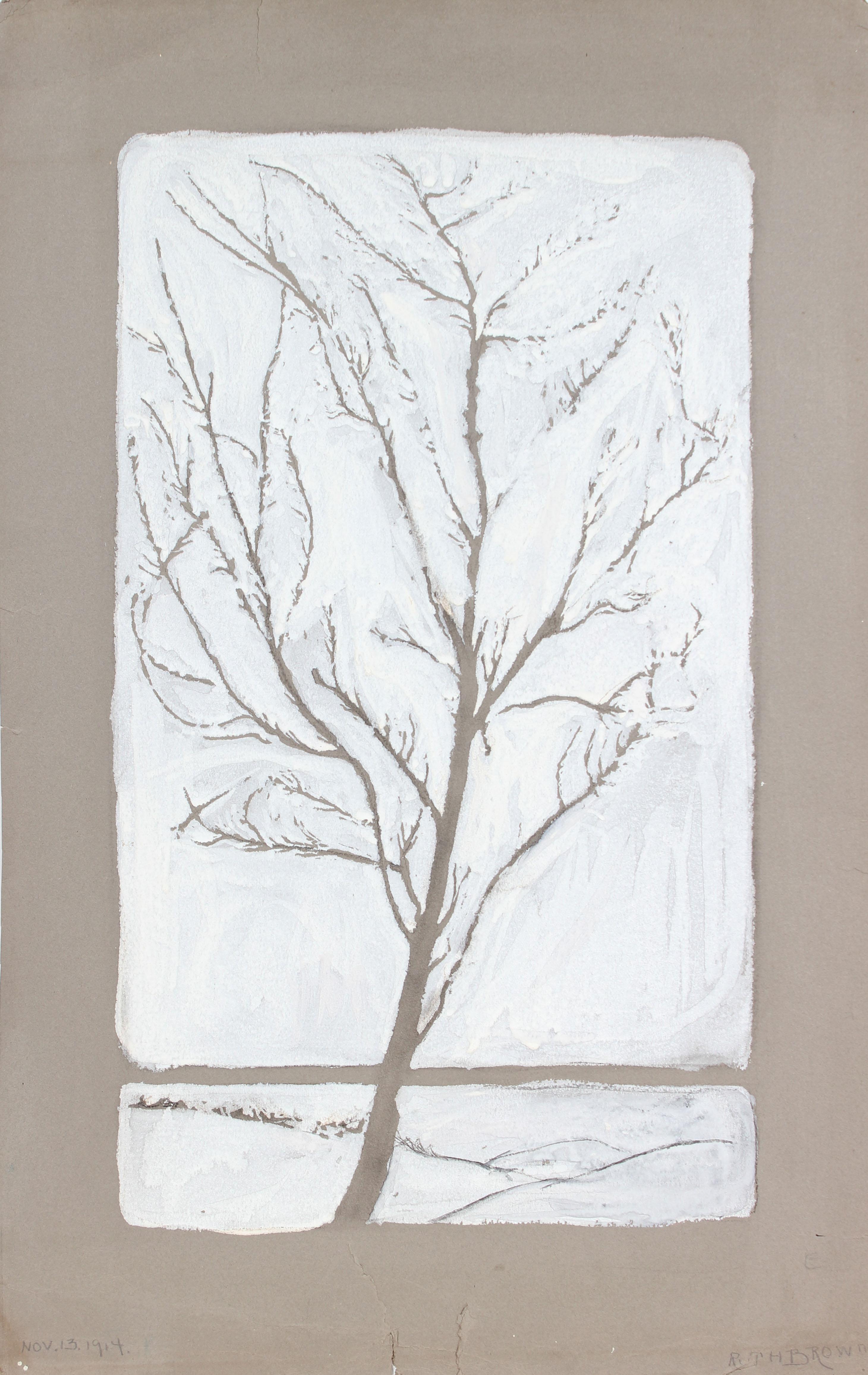 Ruth Brown Kroscher Landscape Painting - 1910 Gouache Painting of a Winter Tree