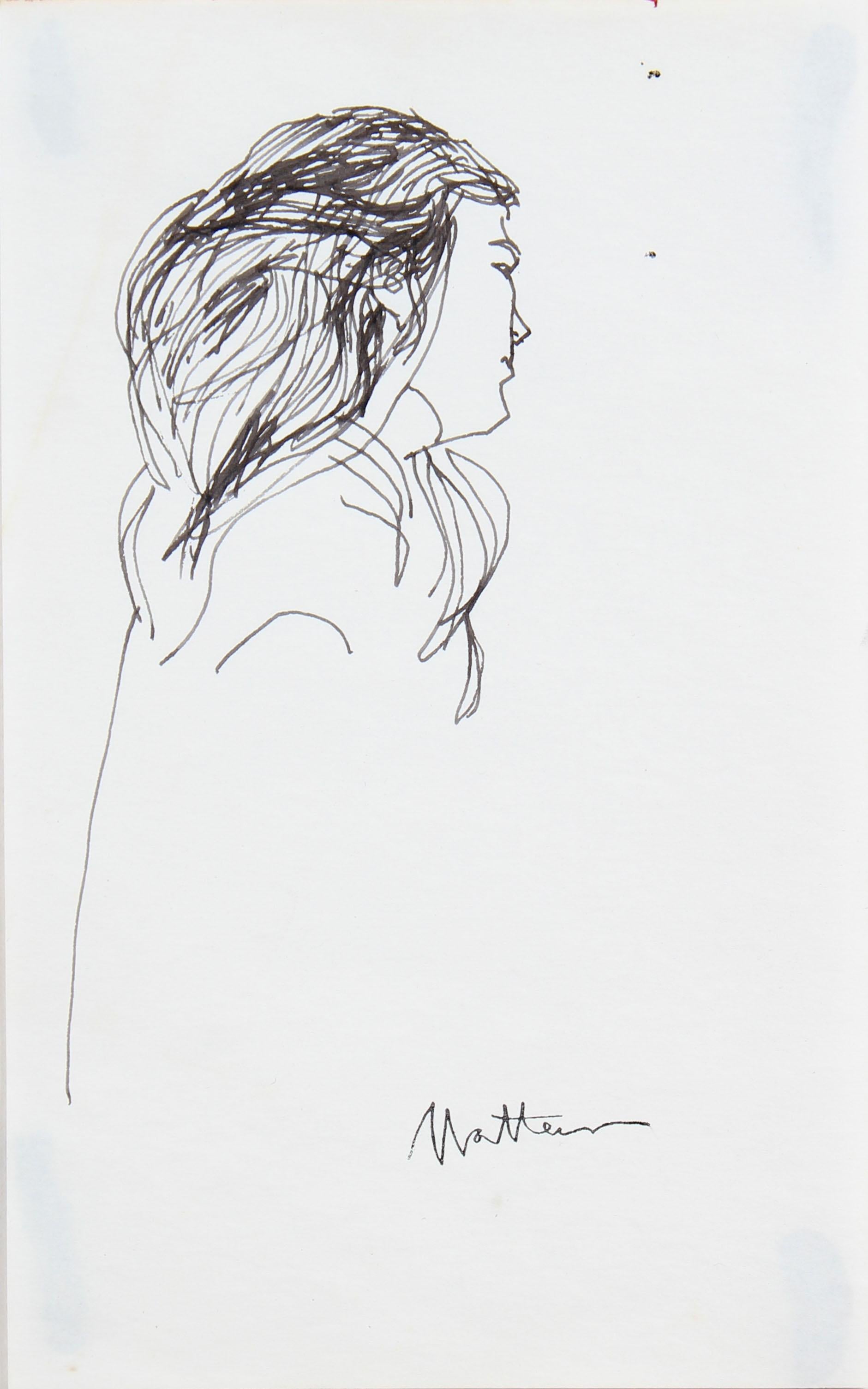 20th Century Side Profile Portrait of a Woman in Ink on Paper