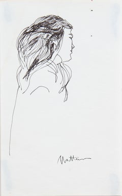 20th Century Side Profile Portrait of a Woman in Ink on Paper