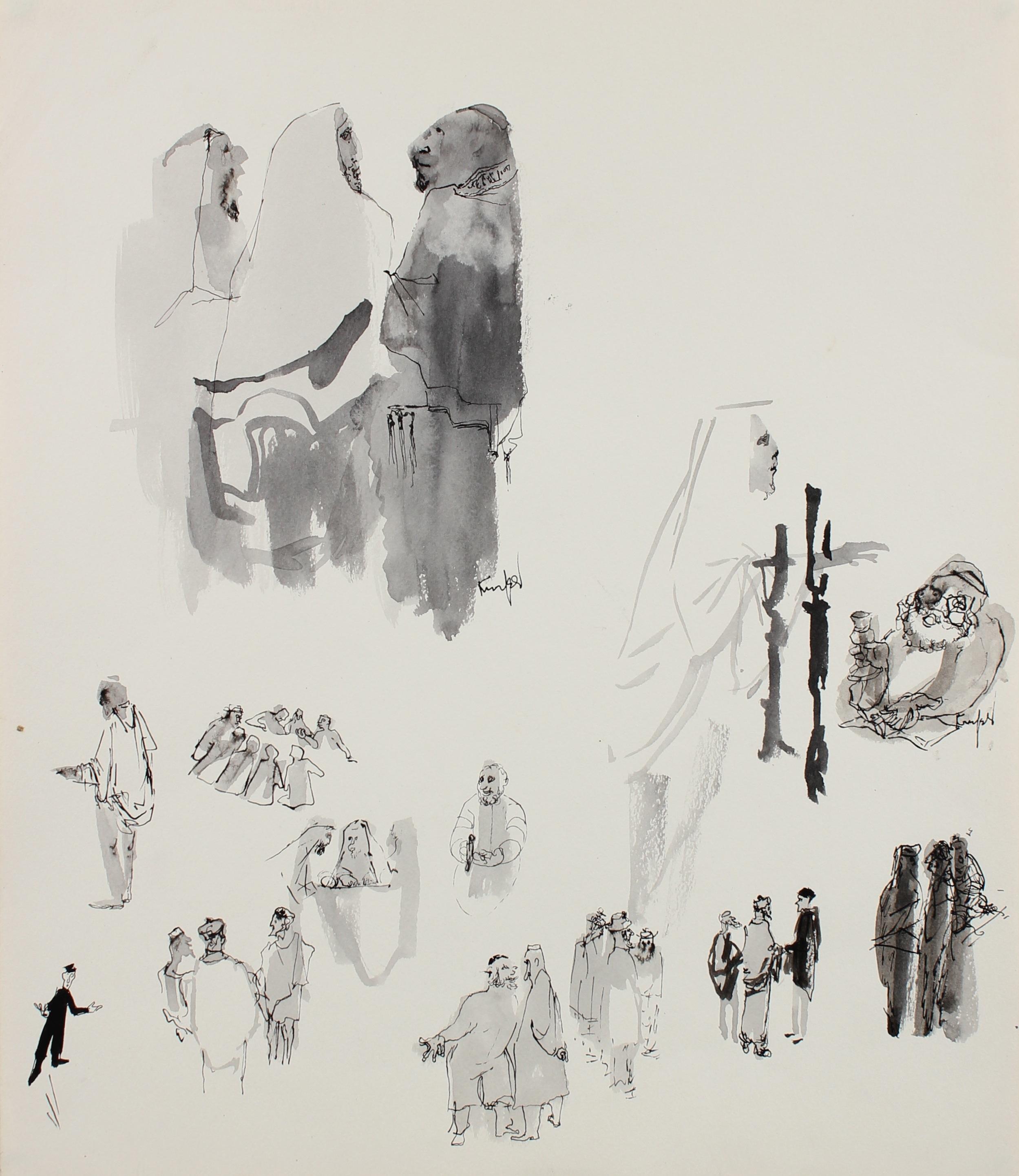 Morris Kronfeld Figurative Art – Zeichnung mehrerer Menschenszenen in Tinte aus den 1960er und 70er Jahren