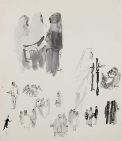 Zeichnung mehrerer Menschenszenen in Tinte aus den 1960er und 70er Jahren