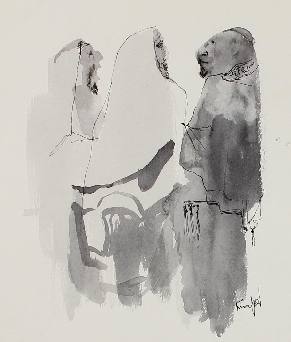 Zeichnung mehrerer Menschenszenen in Tinte aus den 1960er und 70er Jahren – Art von Morris Kronfeld