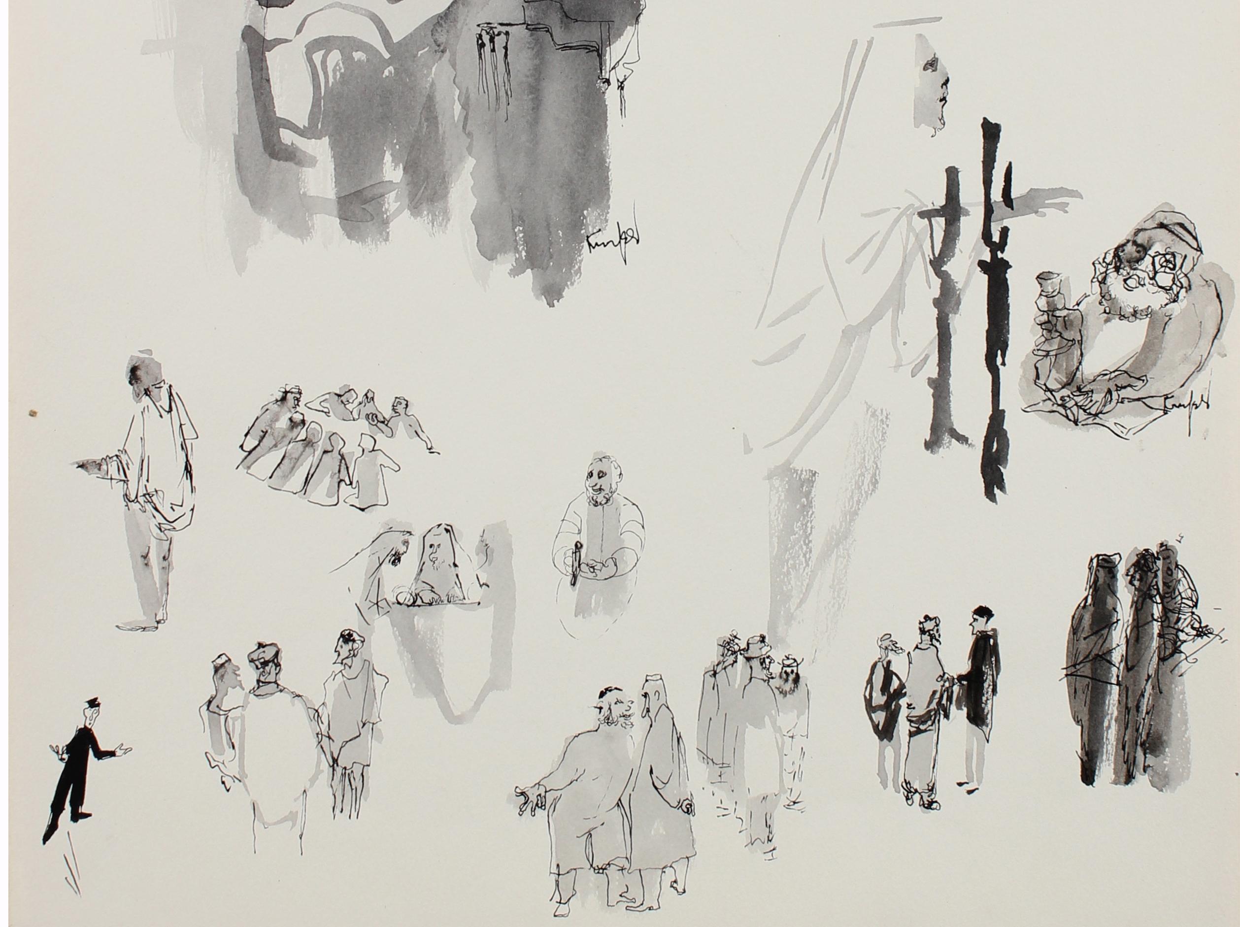 Zeichnung mehrerer Menschenszenen in Tinte aus den 1960er und 70er Jahren (Amerikanische Moderne), Art, von Morris Kronfeld