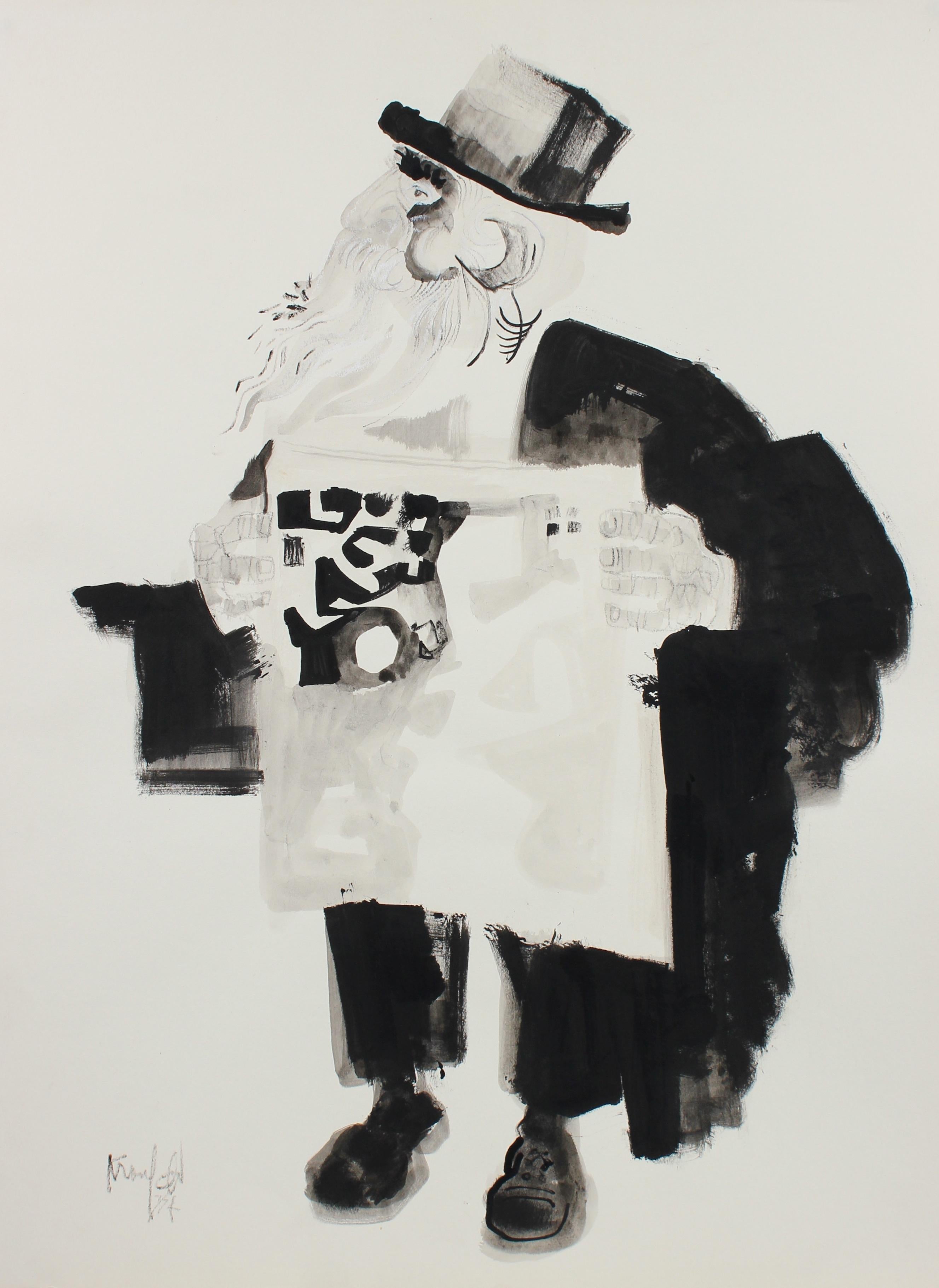 Morris Kronfeld Figurative Art - 1970's Drawing of a Man With Newspaper in Ink