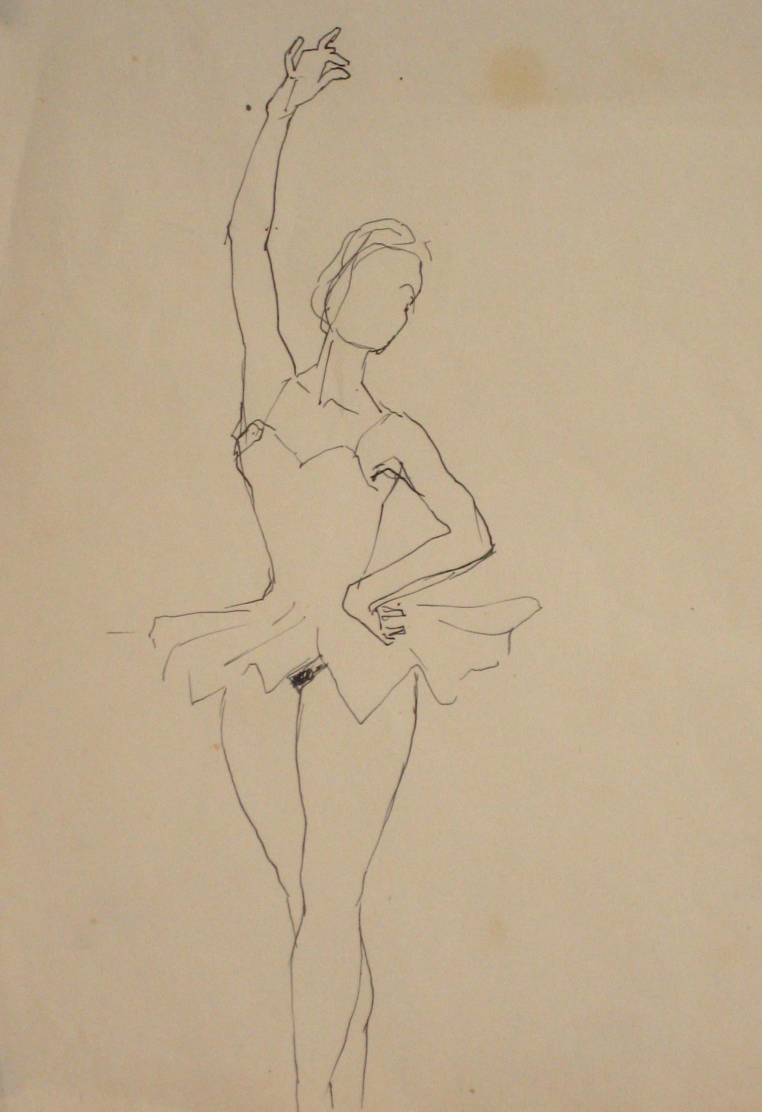 Unknown Figurative Art - Vintage Ink Drawing of a Ballerina in Fourth Position