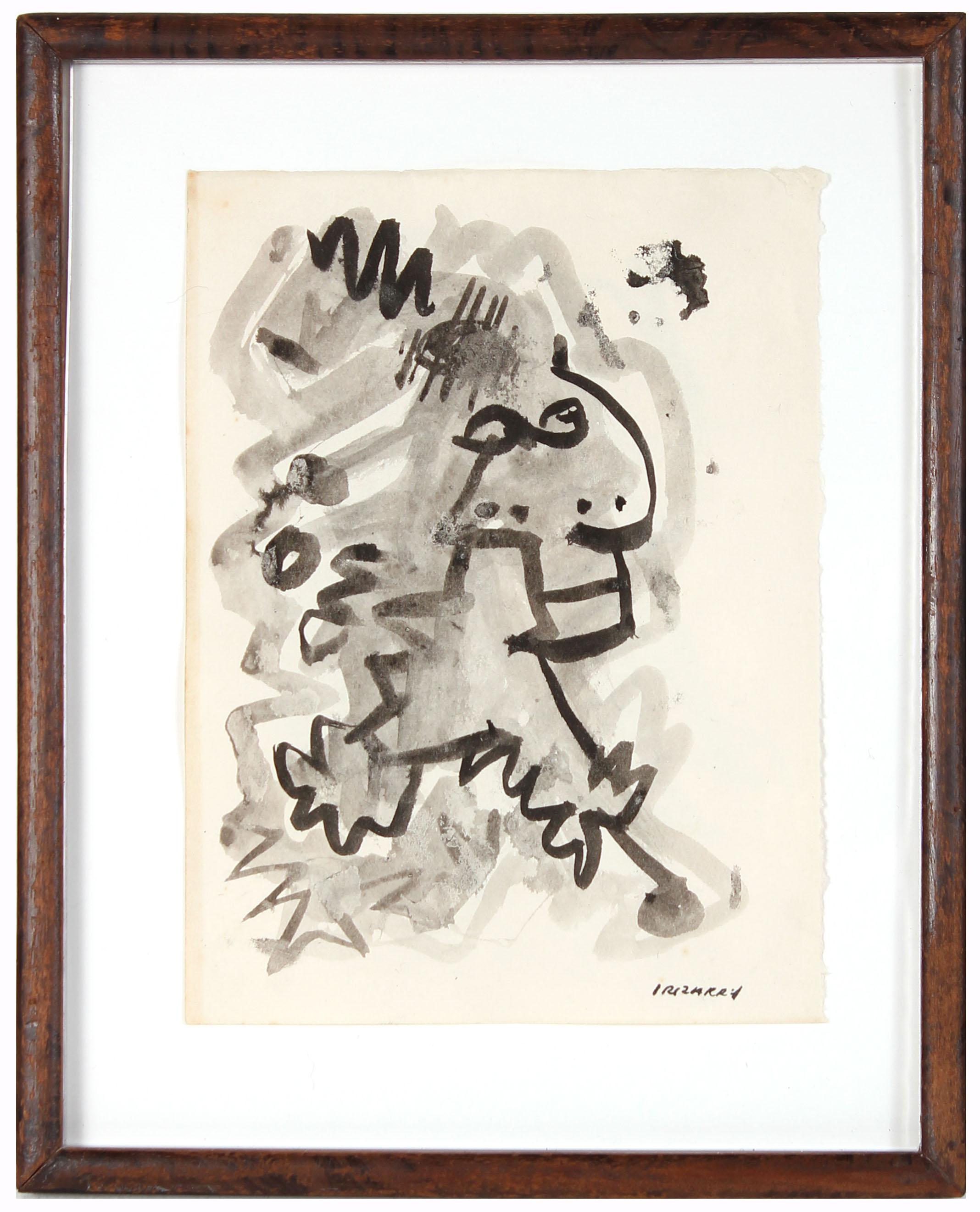 Santos Rene Irizarry Abstract Drawing - 1960's Monochromatic Abstracted Figure 