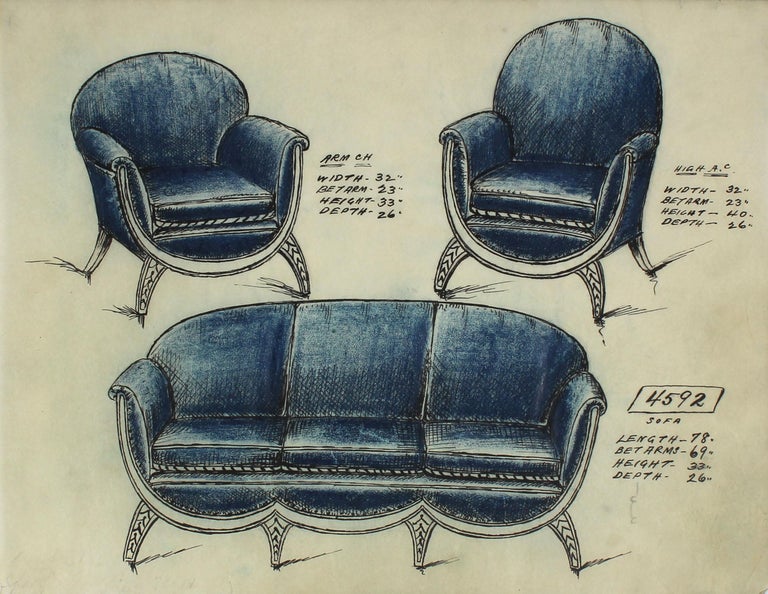 Unknown Still-Life - Early 20th Century Blue Sofa Design in Ink and Pastel