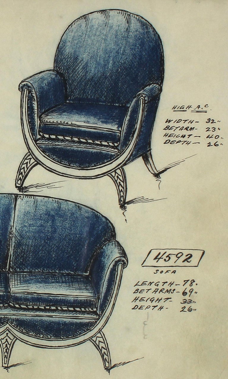 Early 20th Century Blue Sofa Design in Ink and Pastel - Art by Unknown